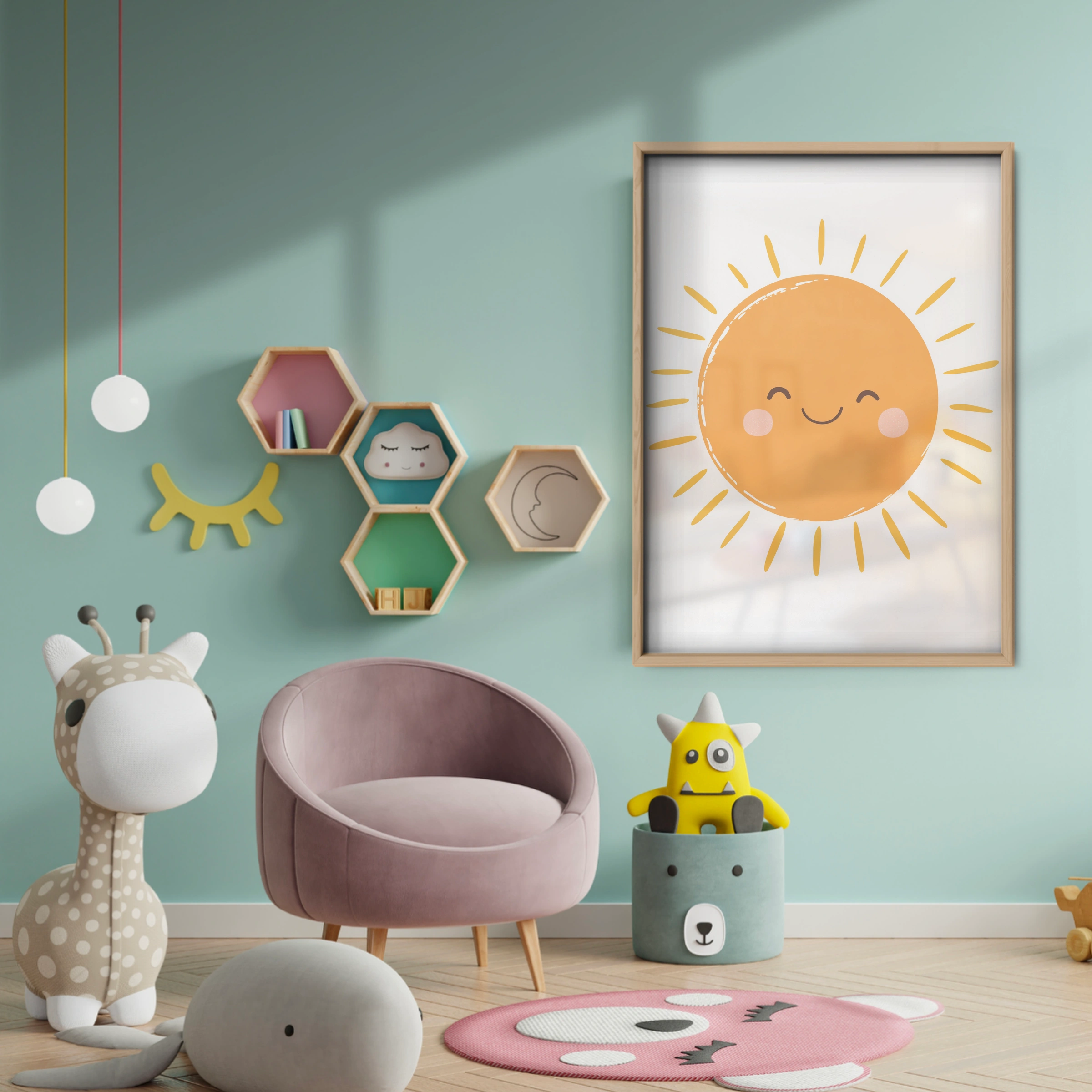 Smiling Sun Face Nursery Print - baby room wall decor print