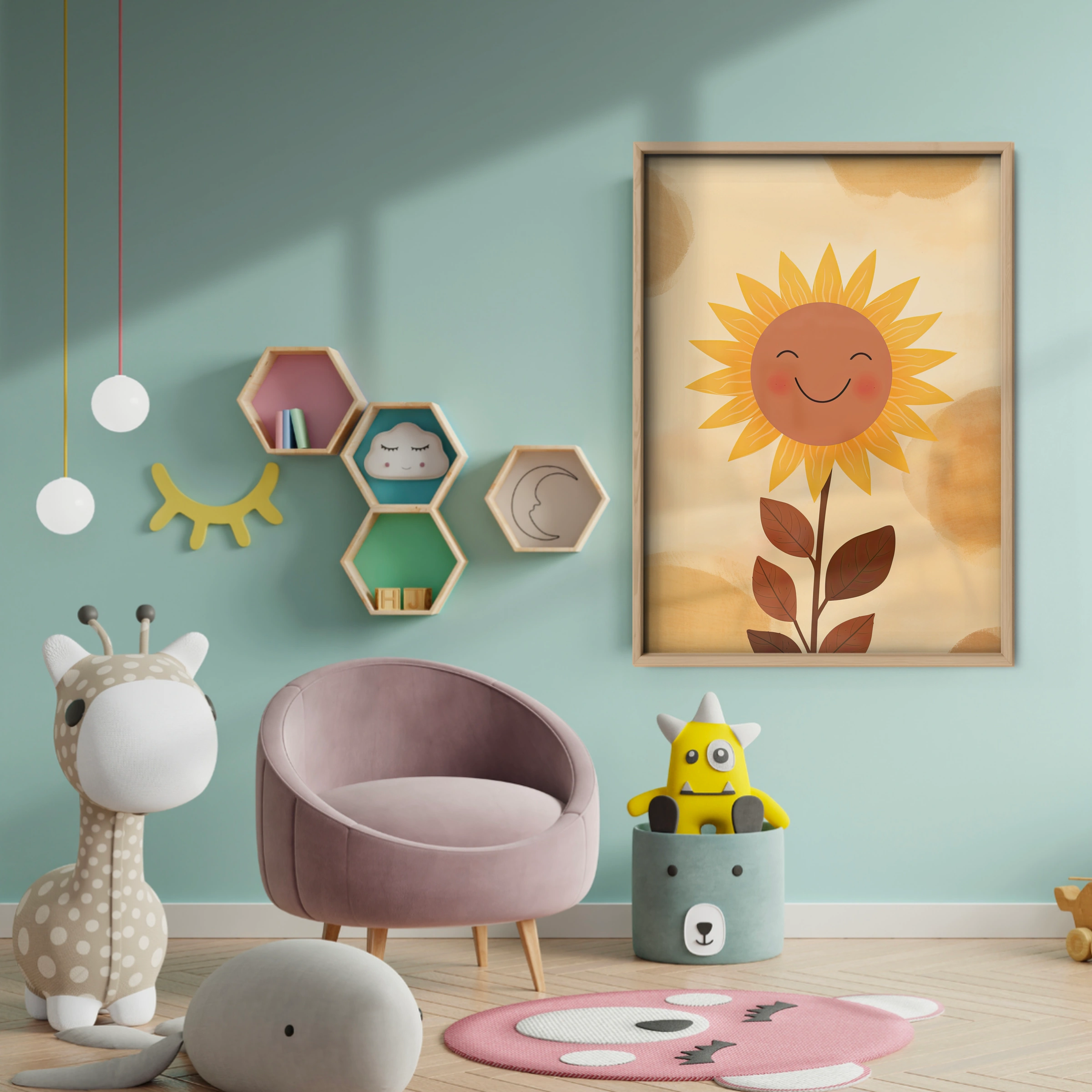 Smiling Sunflower Nursery Print - baby room wall decor print