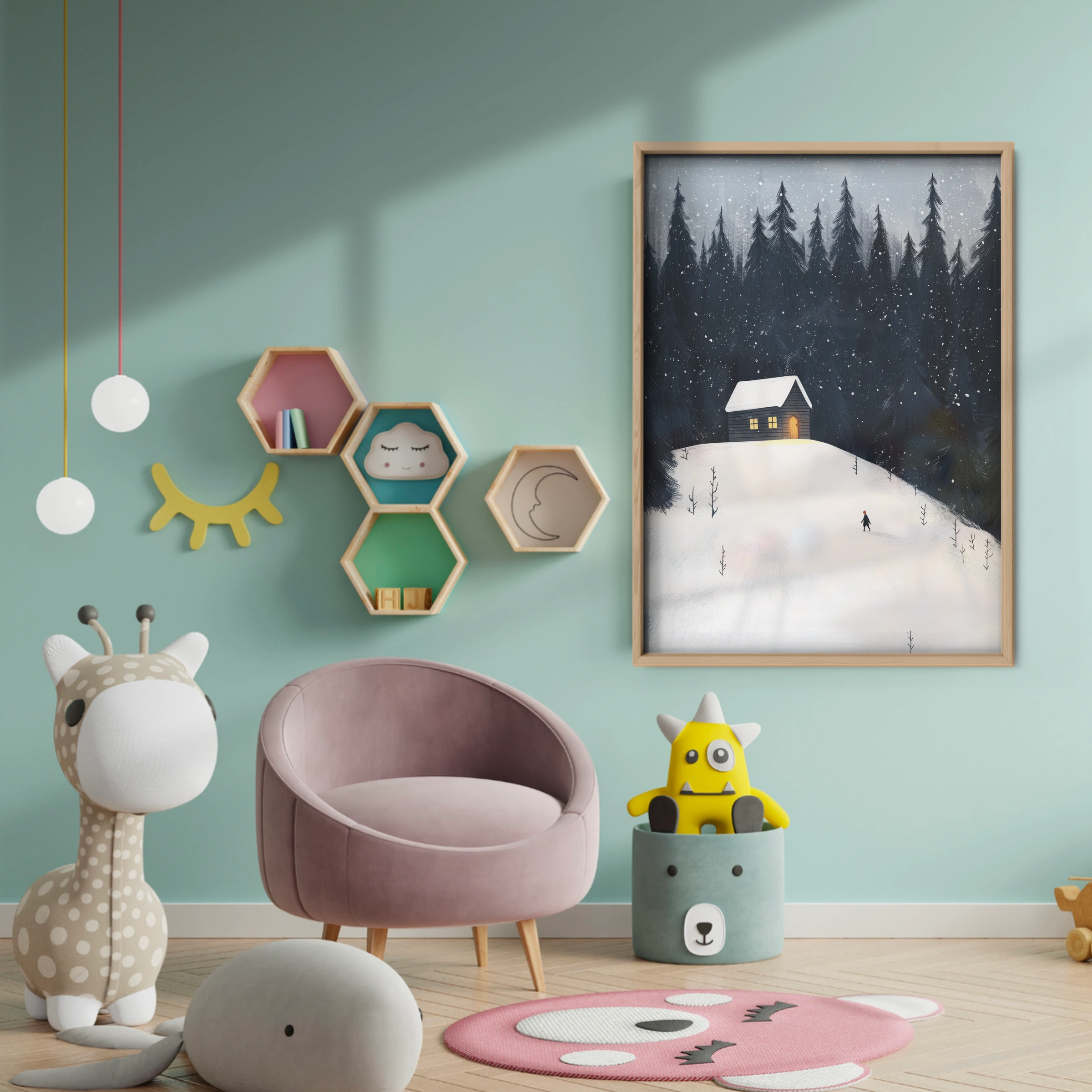 Snowy Cabin in the Forest Christmas Print - baby room wall decor print