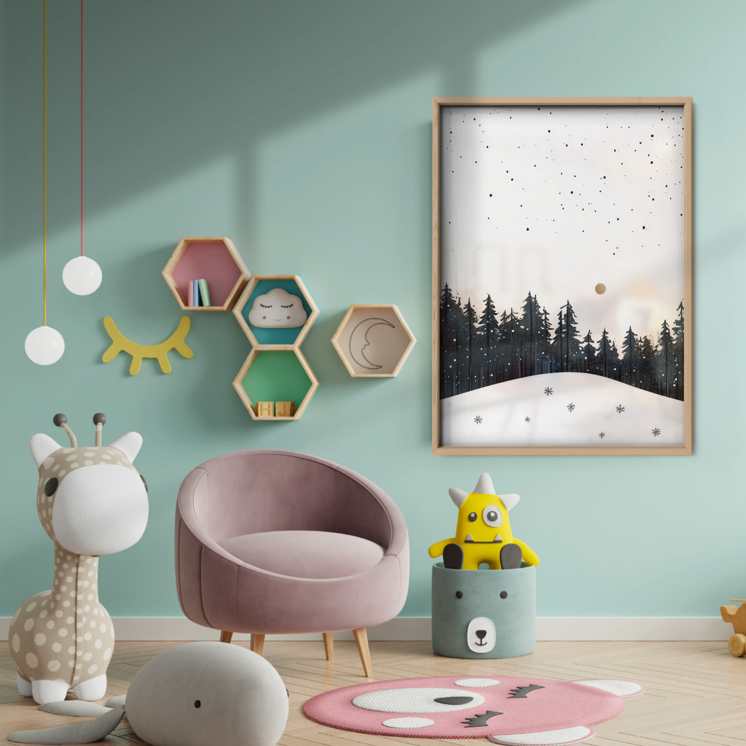 Snowy Forest at Night Christmas Print - baby room wall decor print