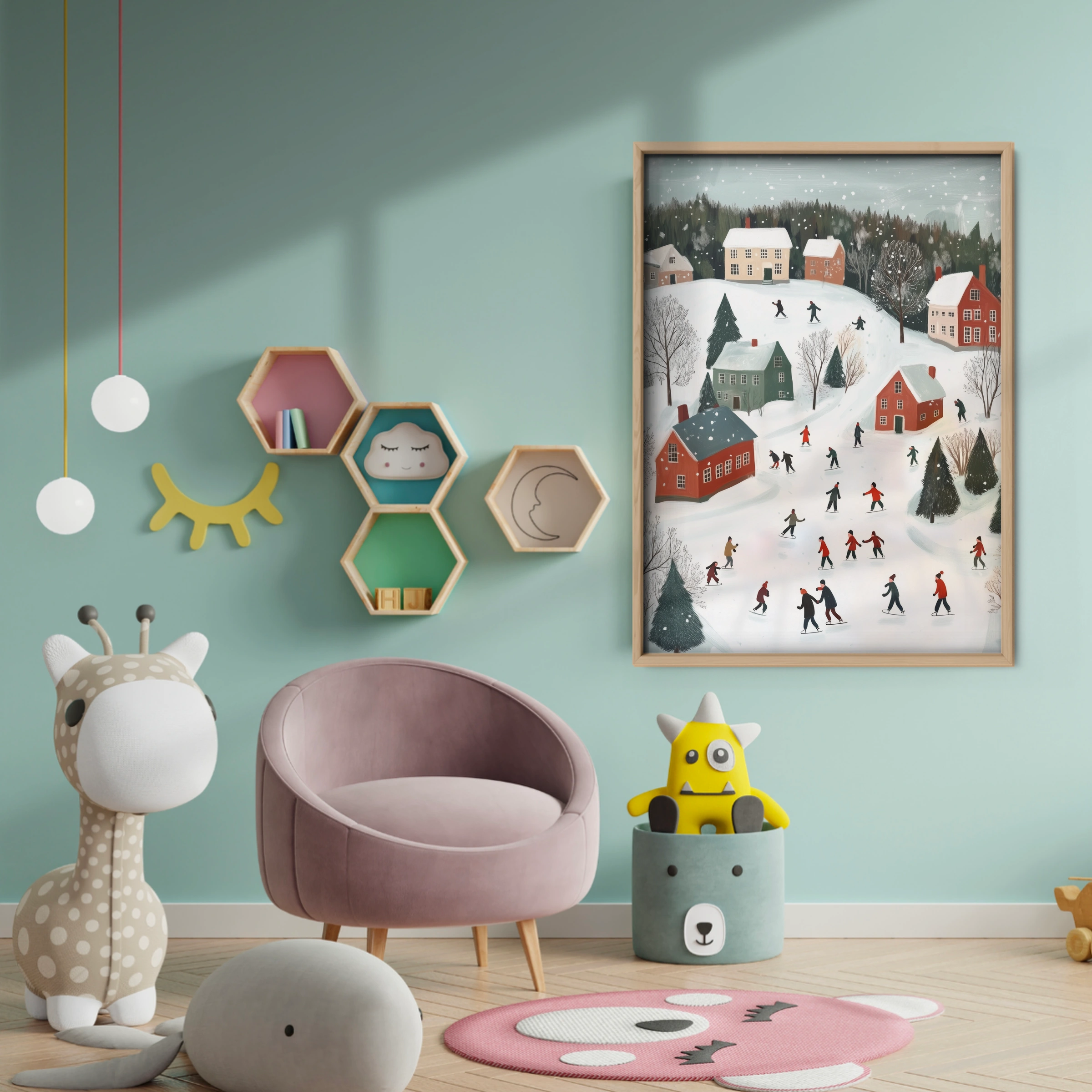Snowy Village Christmas Print - baby room wall decor print