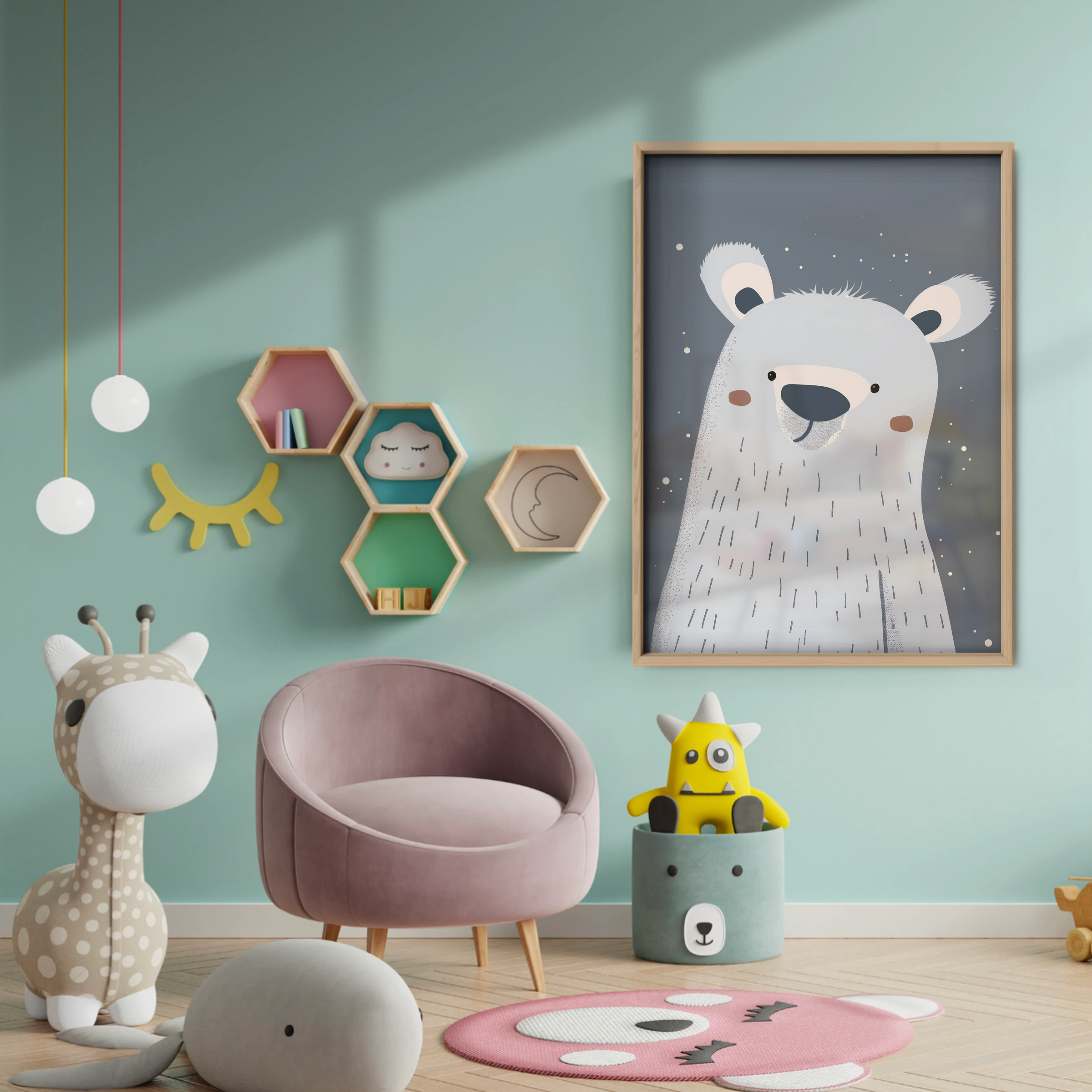Soft Polar Bear Nursery Print - baby room wall decor print