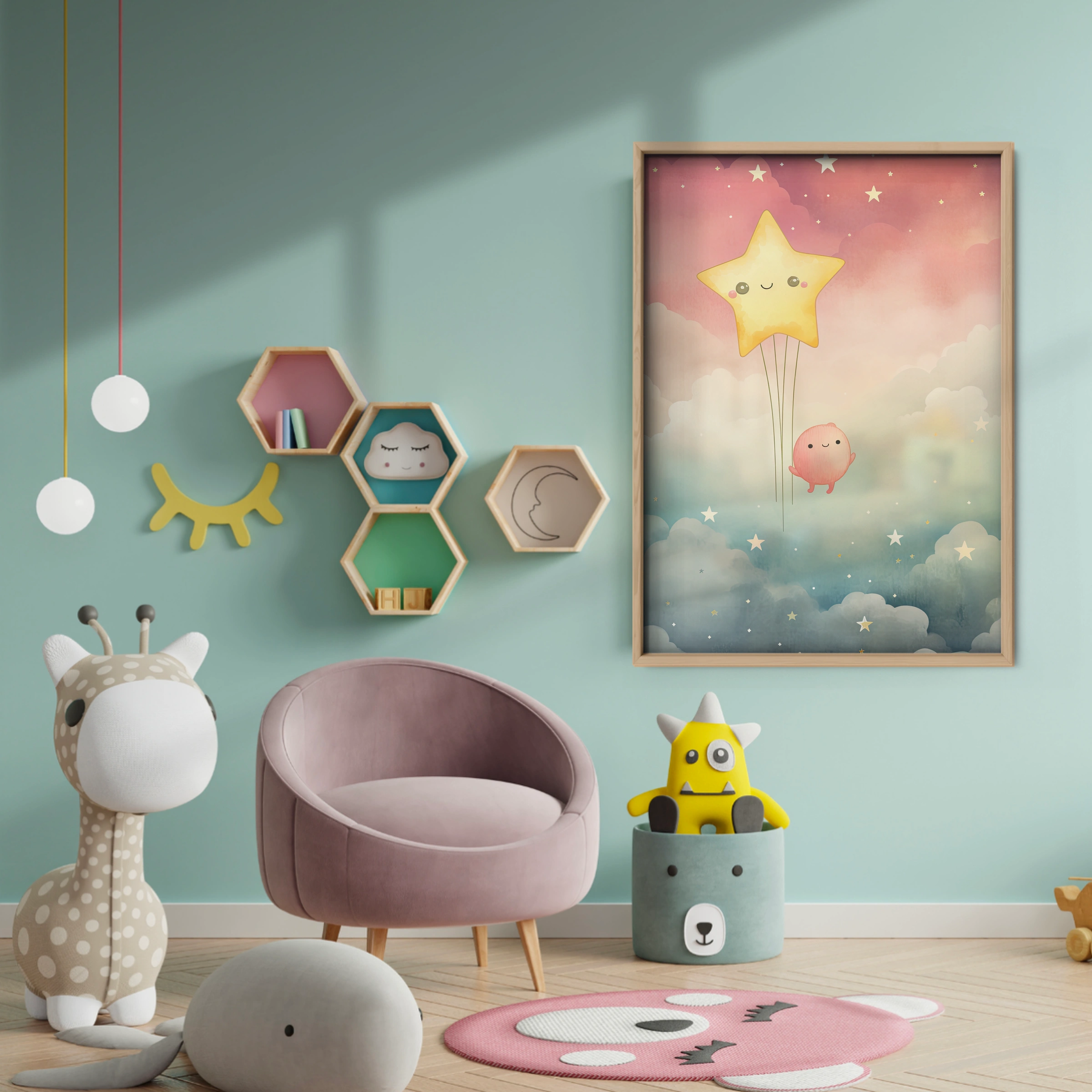 Star Balloon Nursery Print - baby room wall decor print