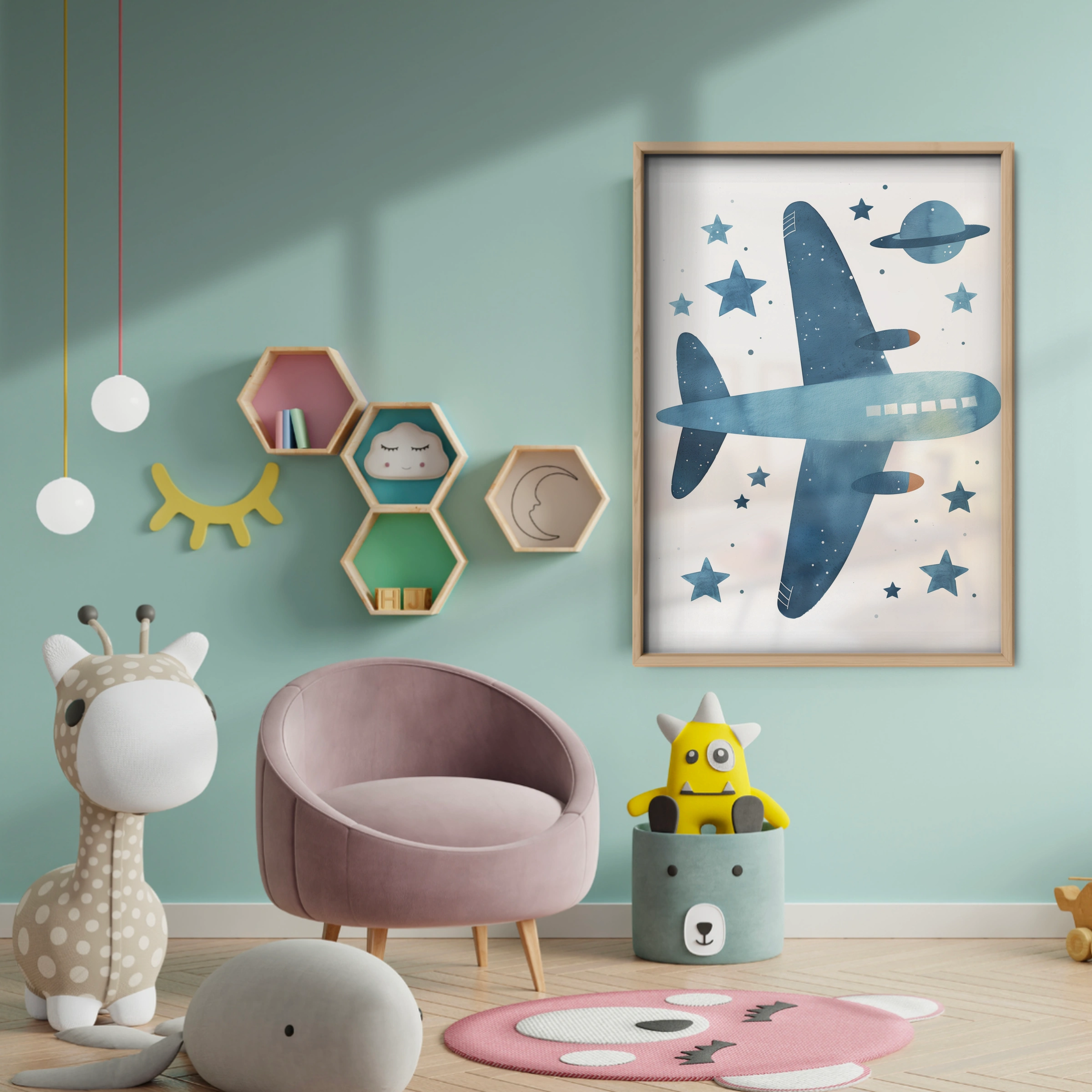 Starry Airplane Nursery Print - baby room wall decor print