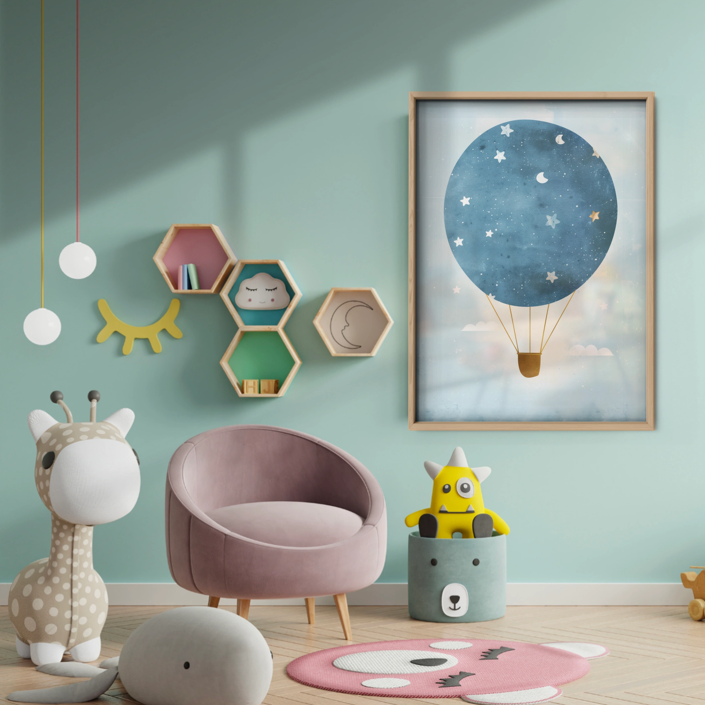 Starry Hot Air Balloon Nursery Print - baby room wall decor print