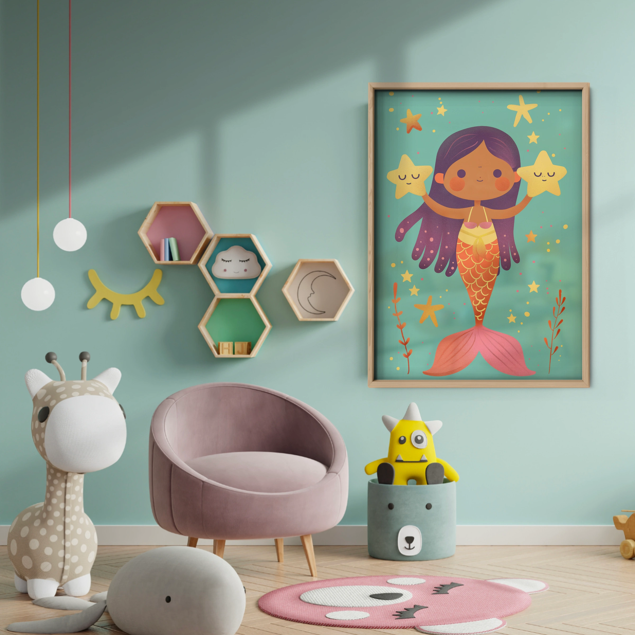 Starry Mermaid Nursery Print - baby room wall decor print