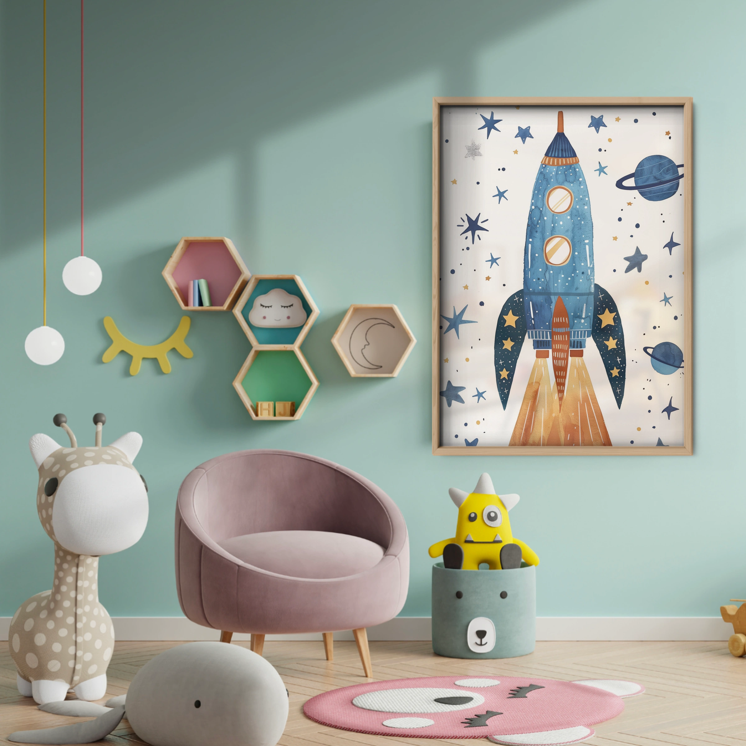 Starry Rocket Nursery Print - baby room wall decor print