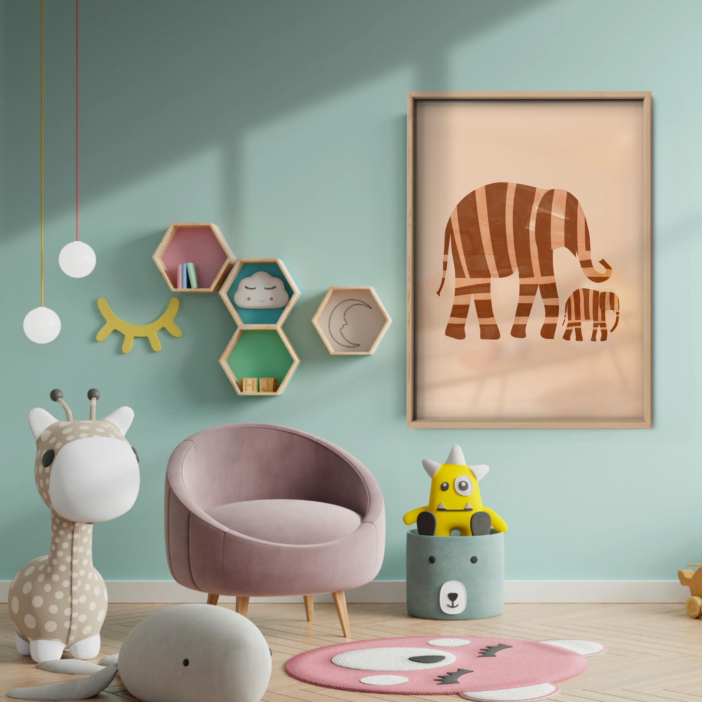 Striped Elephants Nursery Print - baby room wall decor print
