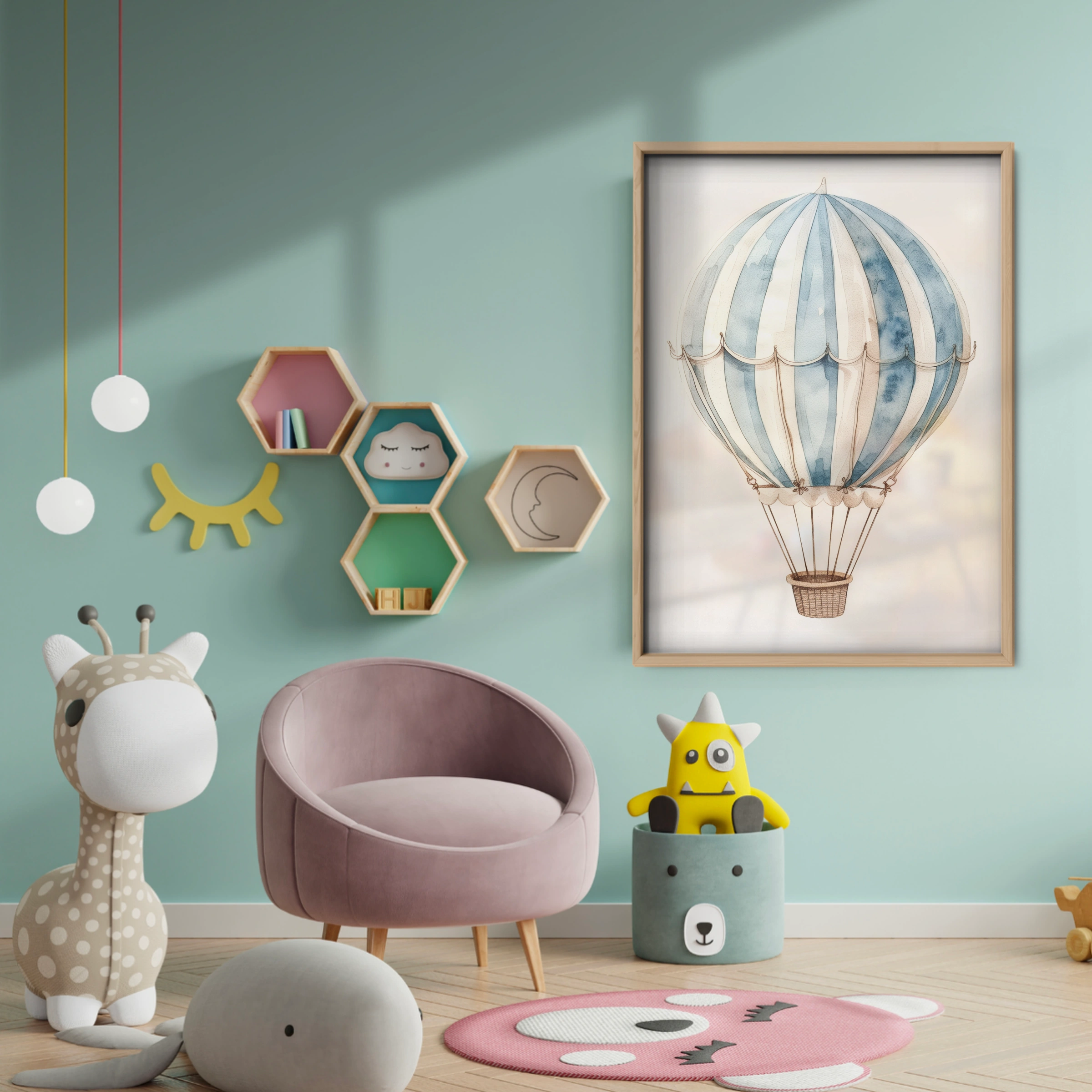 Striped Hot Air Balloon Nursery Print - baby room wall decor print