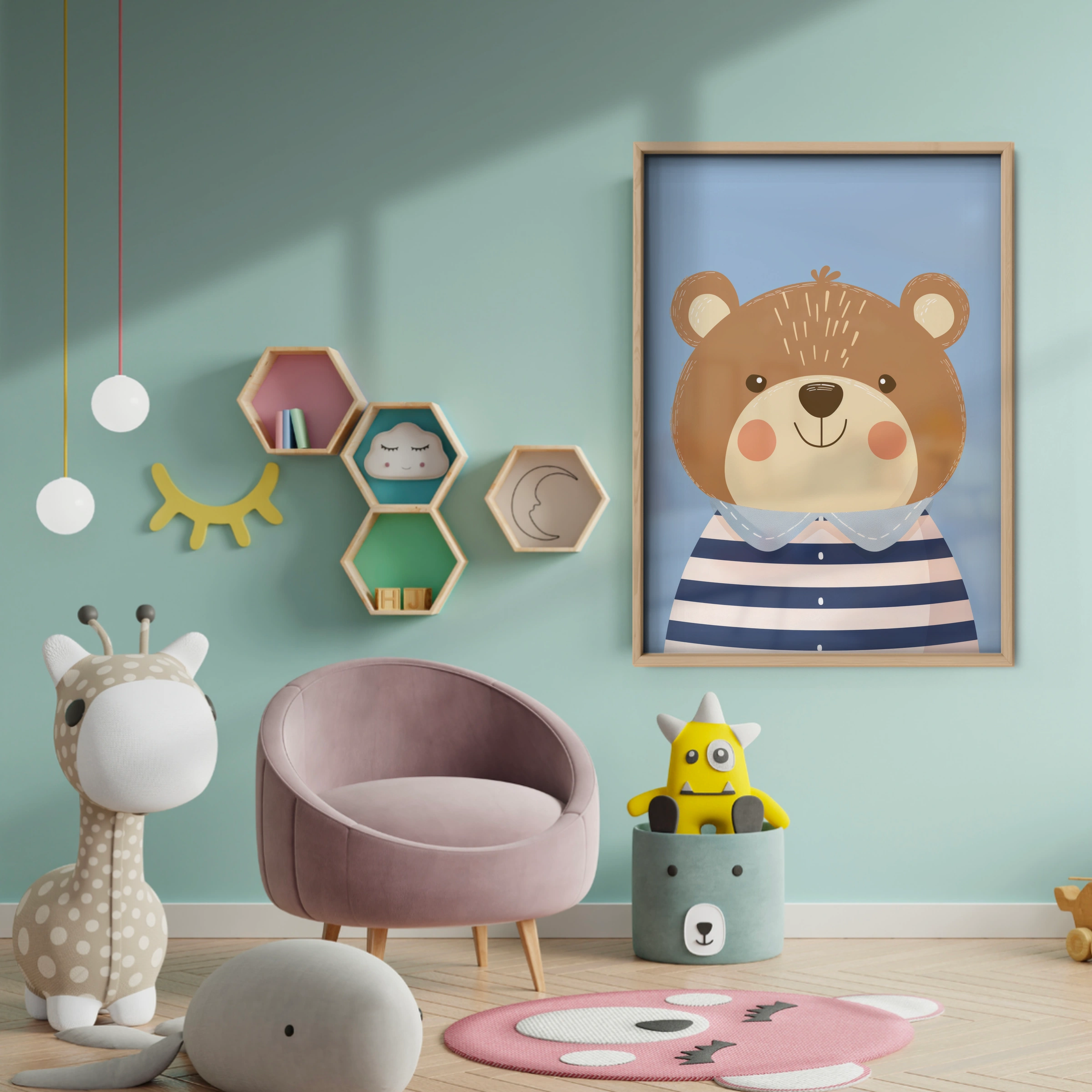Striped Shirt Bear Nursery Print - baby room wall decor print