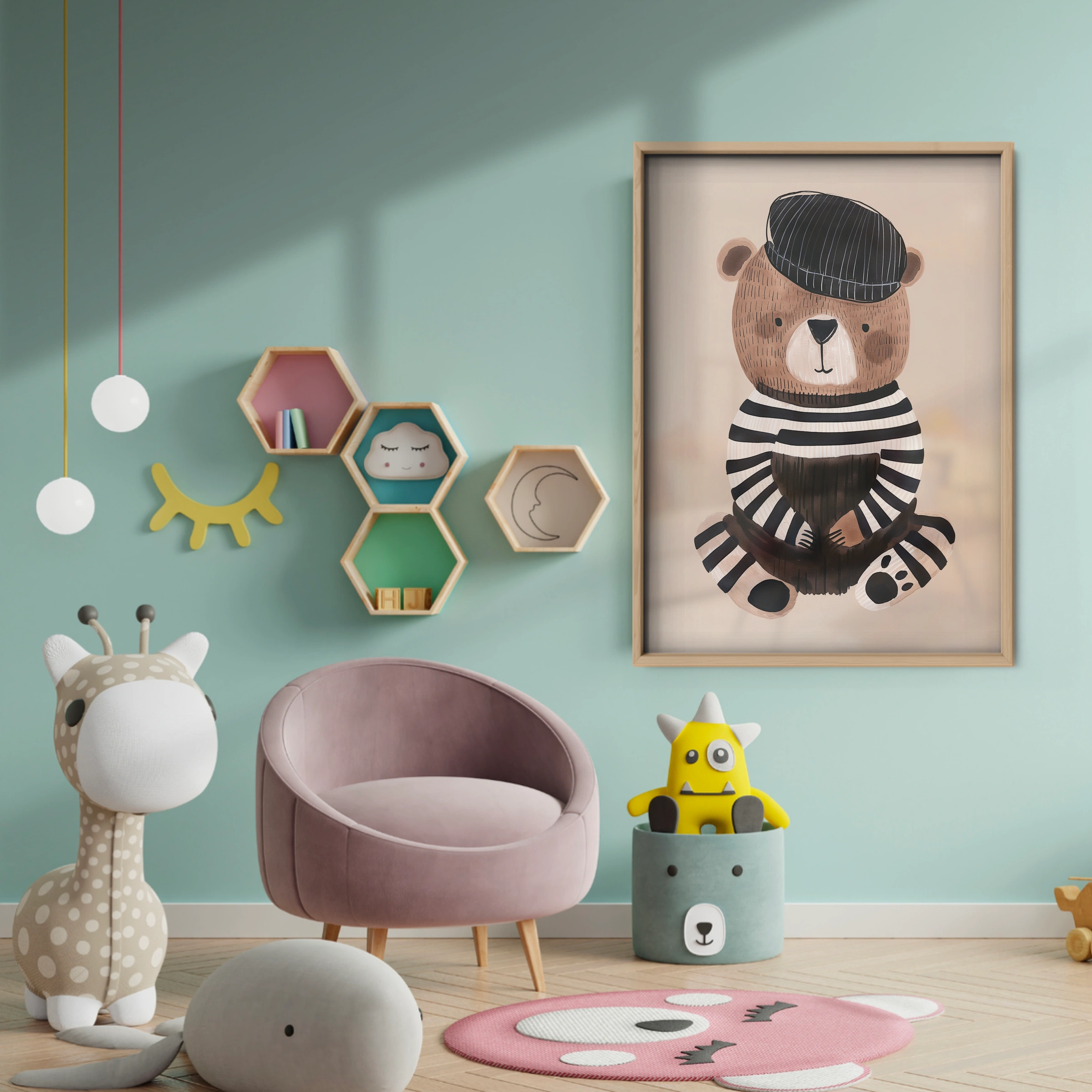 Stripey Bear Nursery Print - baby room wall decor print