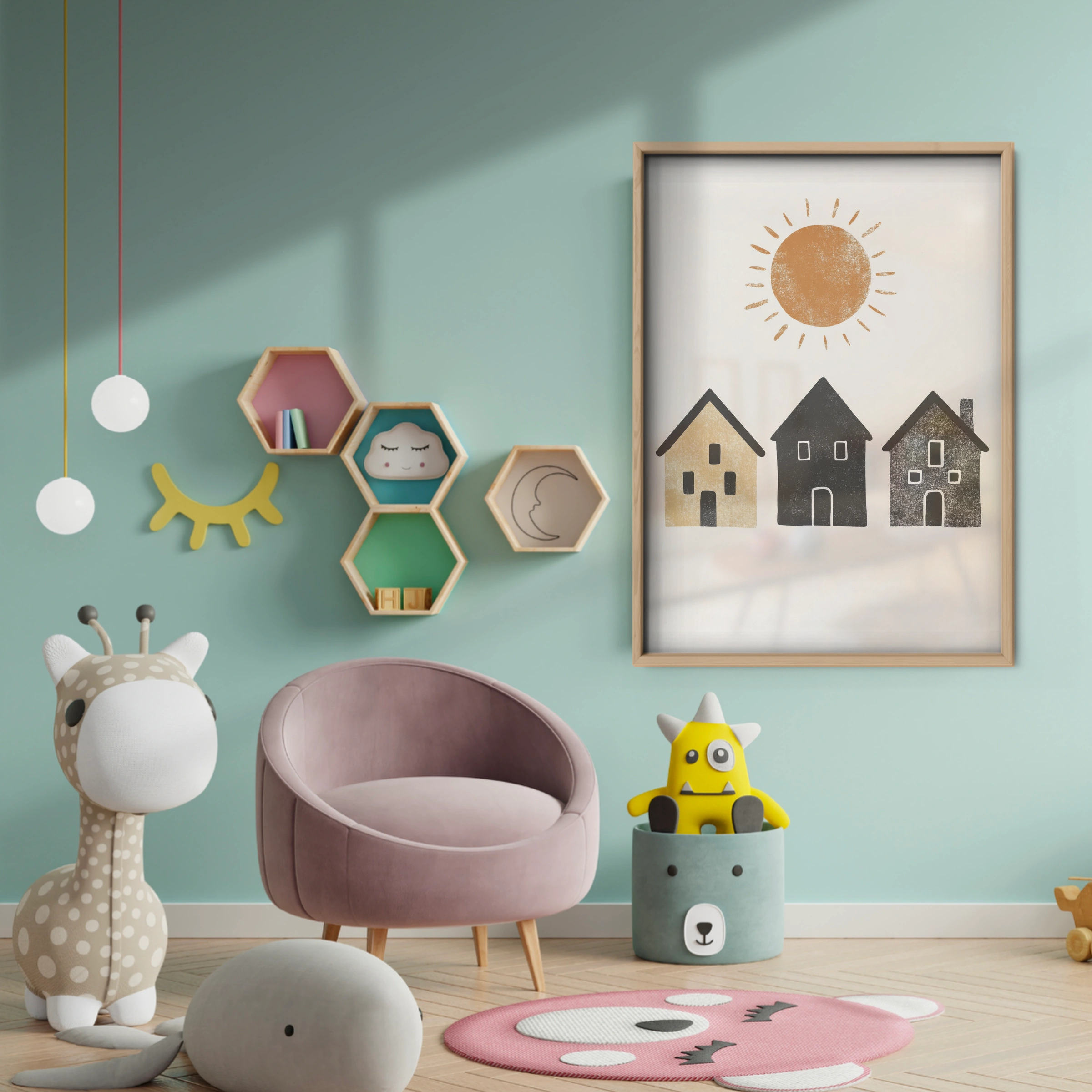 Sun and Houses Two Nursery Print - baby room wall decor print