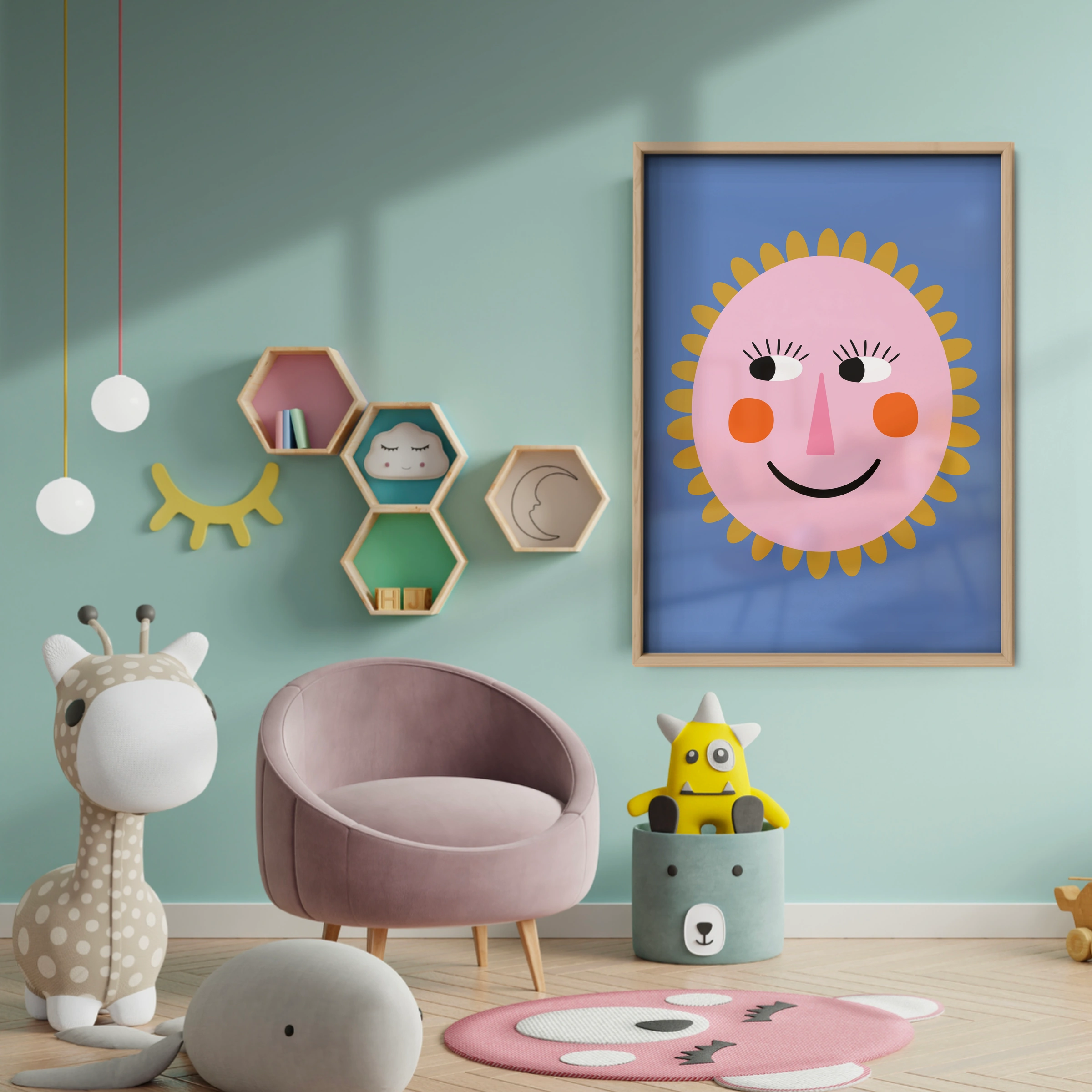 Sun Face Nursery Print - baby room wall decor print