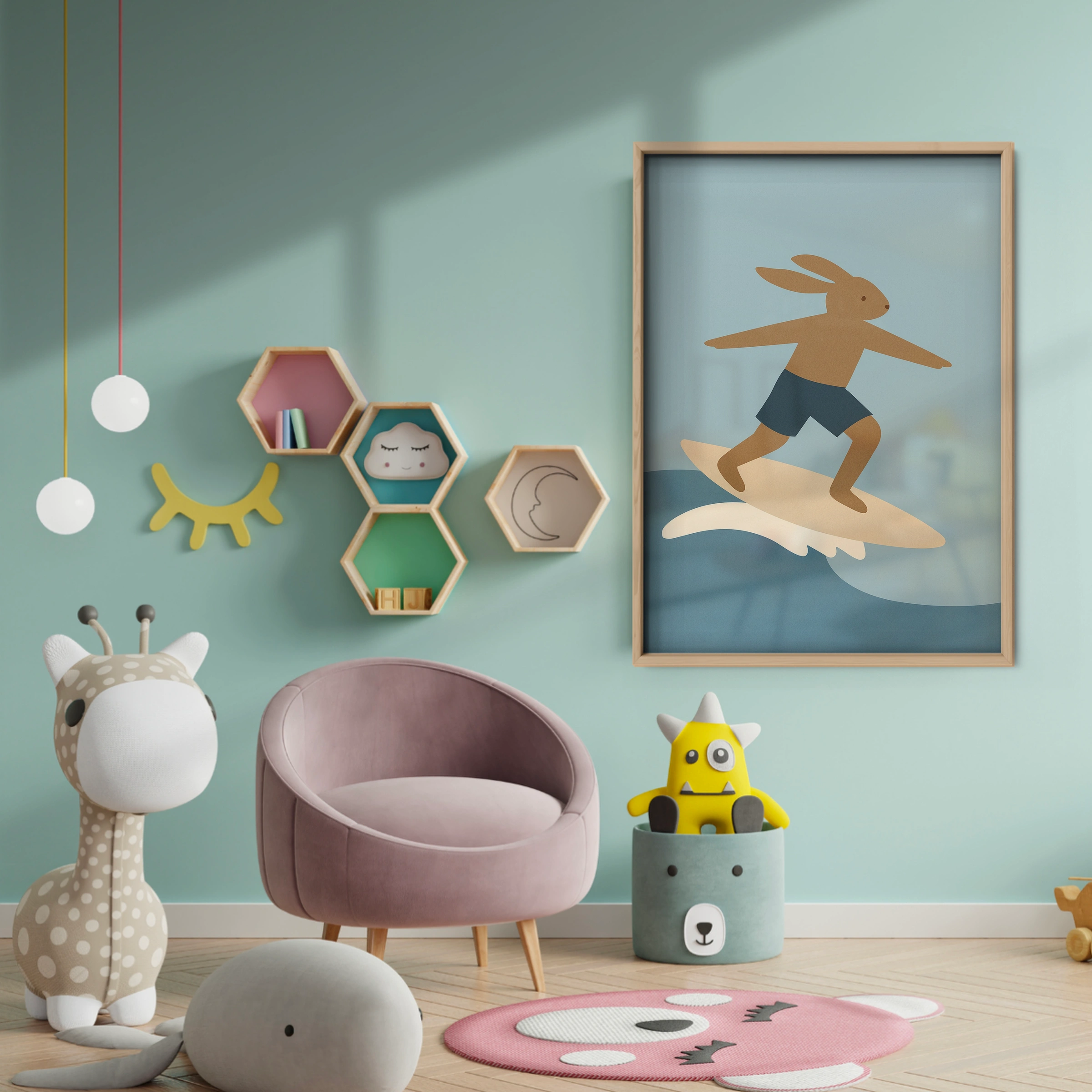 Surfing Rabbit Nursery Print - baby room wall decor print