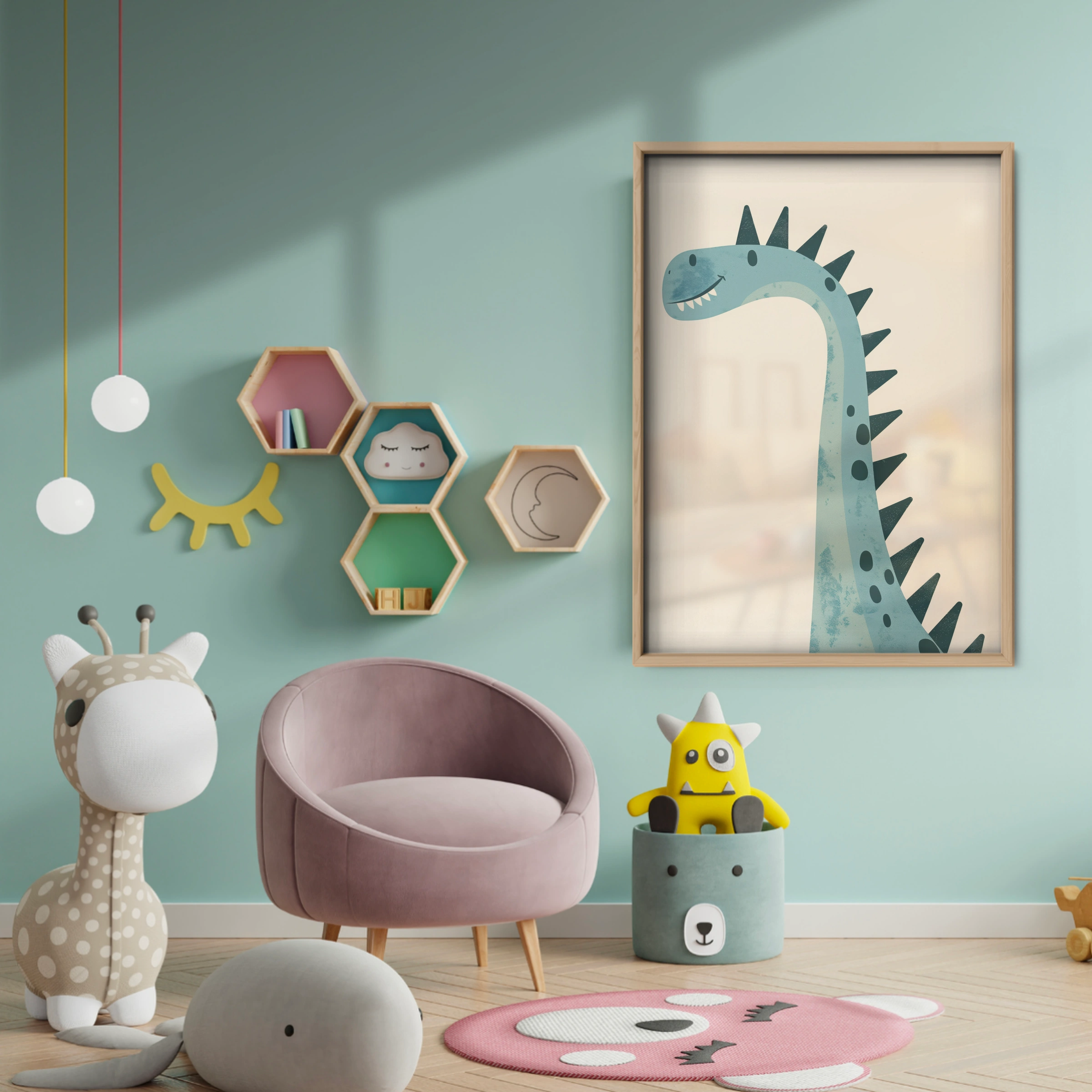 Teal Dinosaur Nursery Print - baby room wall decor print