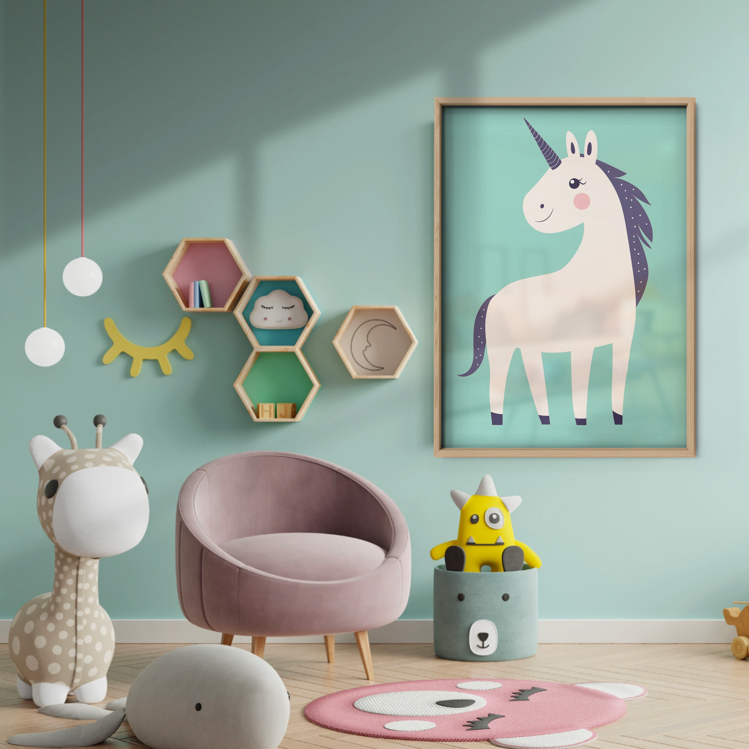 Teal Unicorn Nursery Print - baby room wall decor print