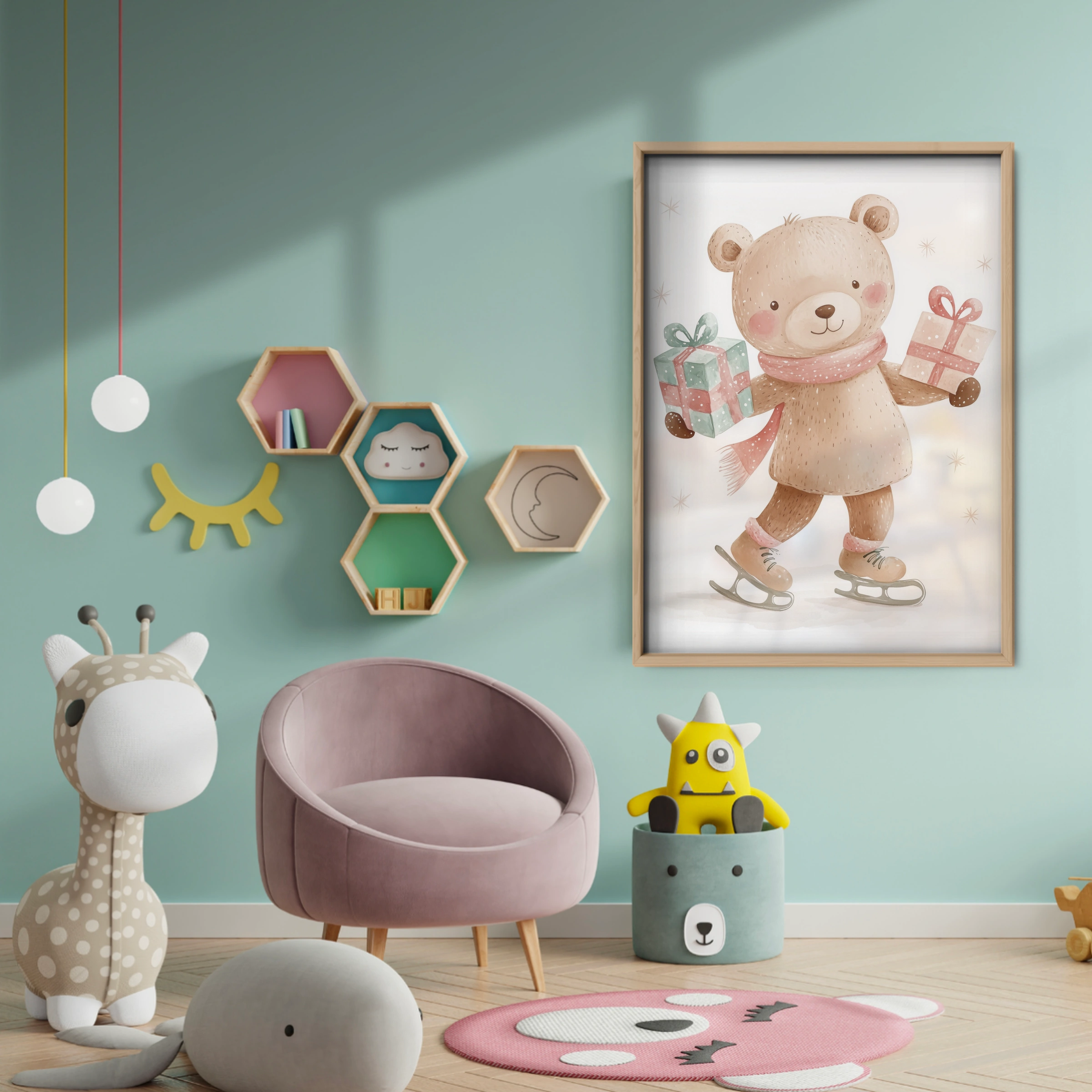 Teddy Bear with Gifts Christmas Print - baby room wall decor print