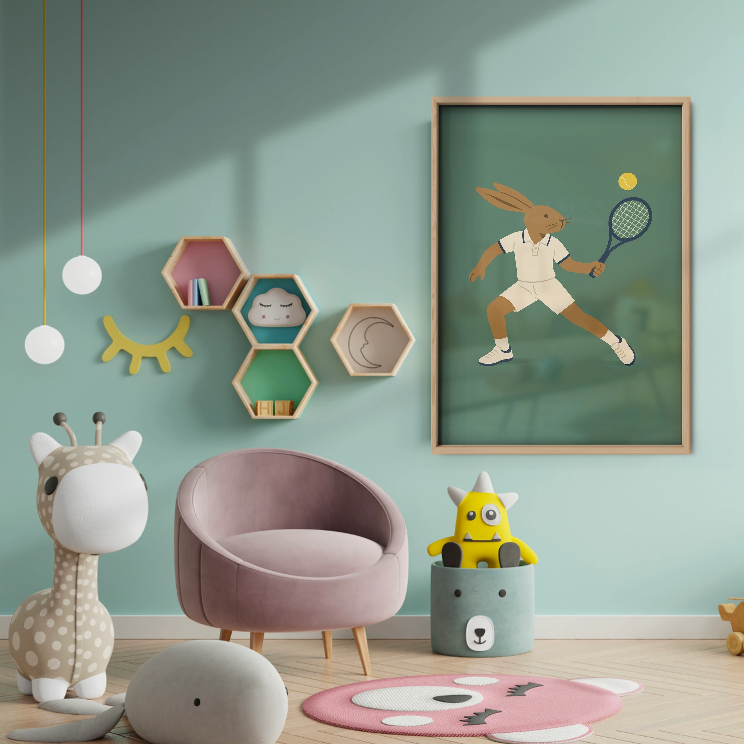 Tennis Rabbit Nursery Print - baby room wall decor print