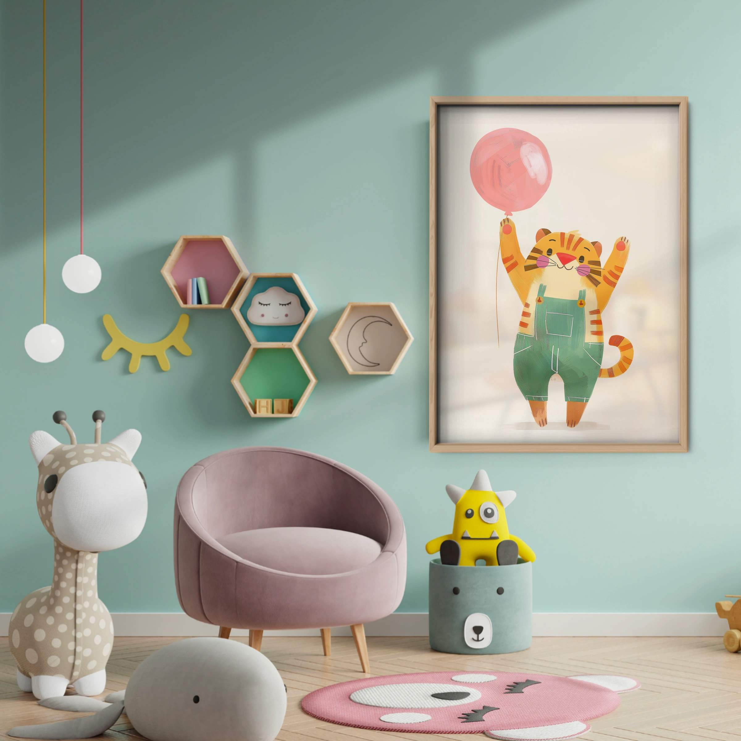 Tiger with a Balloon Nursery Print - baby room wall decor print