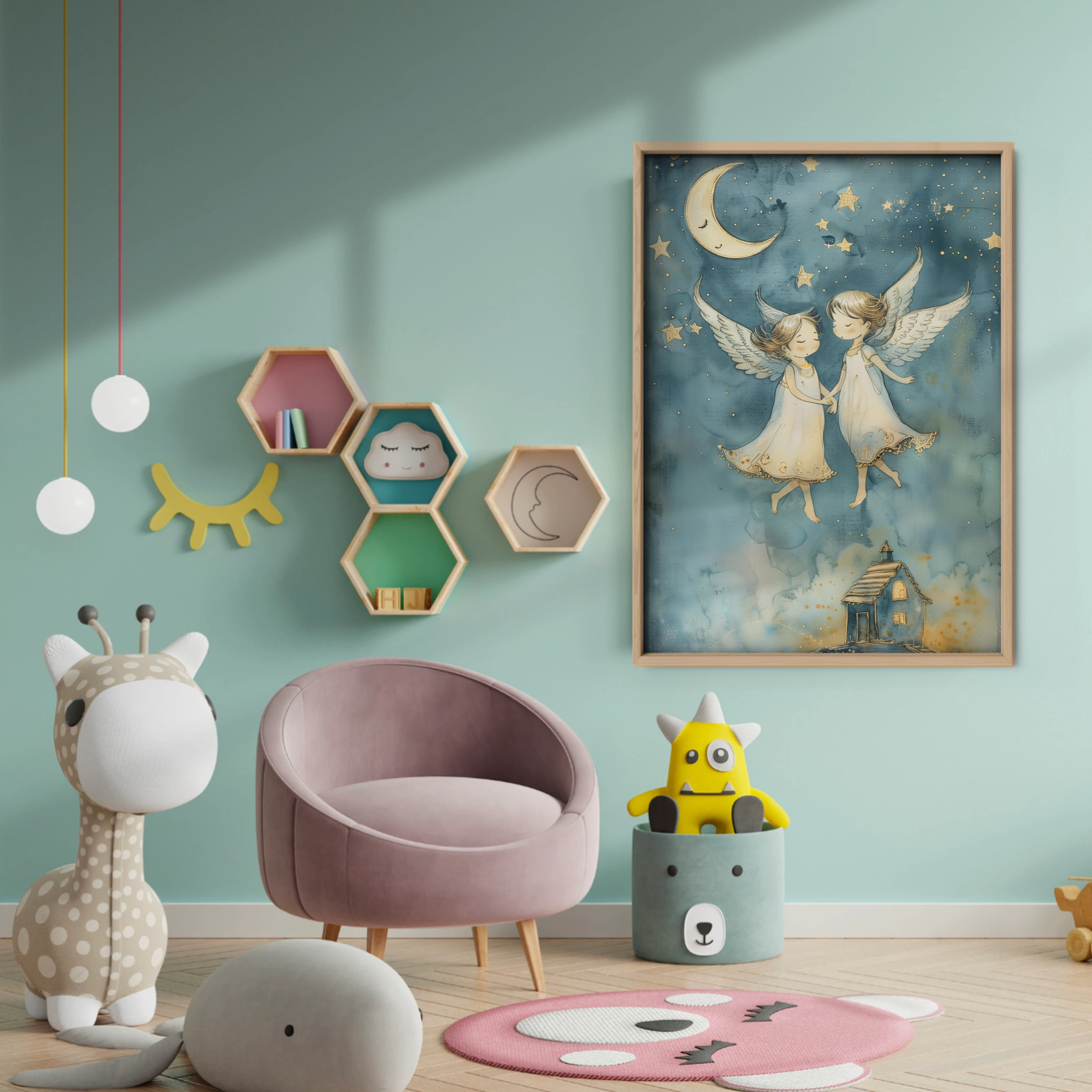 Two Angels Nursery Print - baby room wall decor print