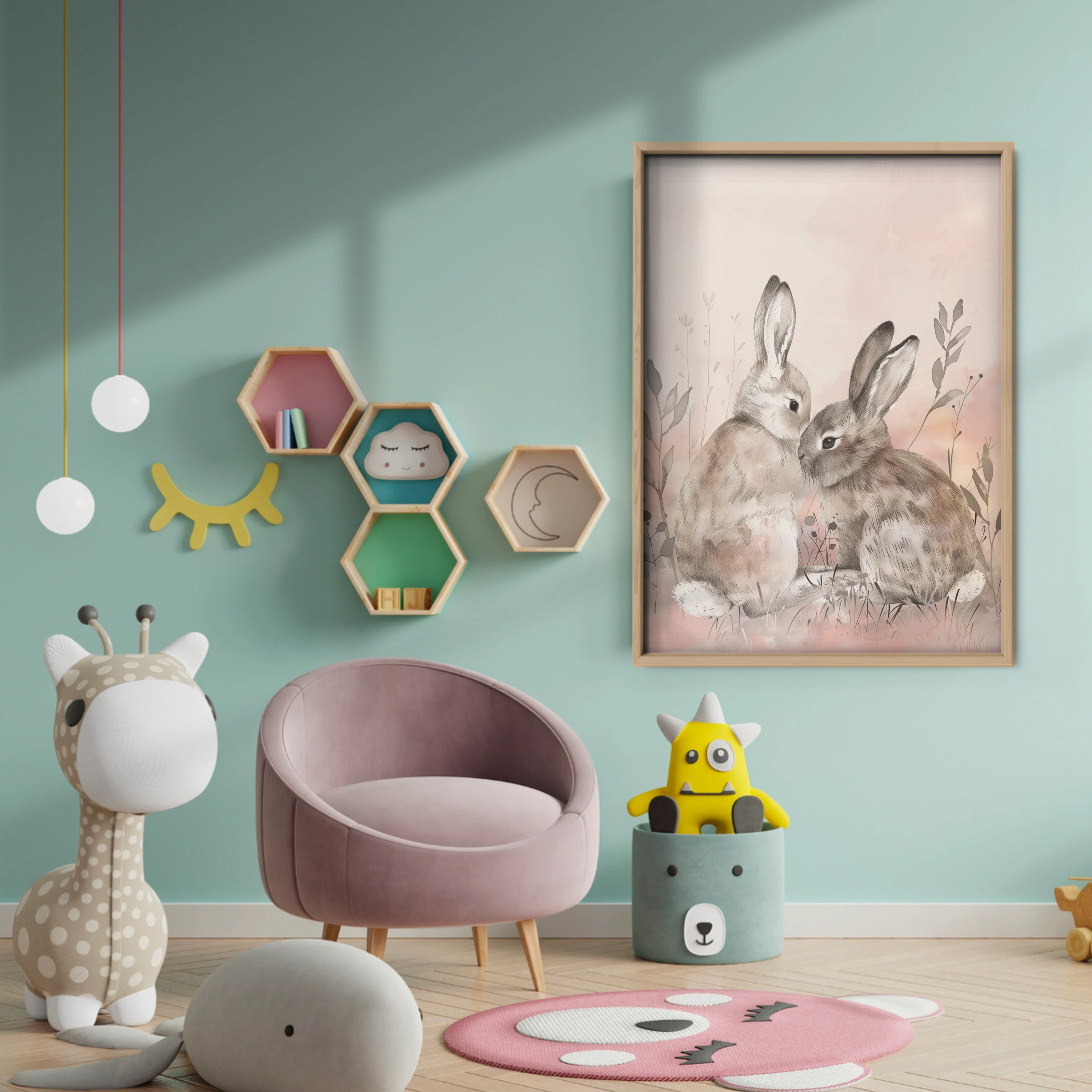 Two Bunnies in Love Nursery Print - baby room wall decor print
