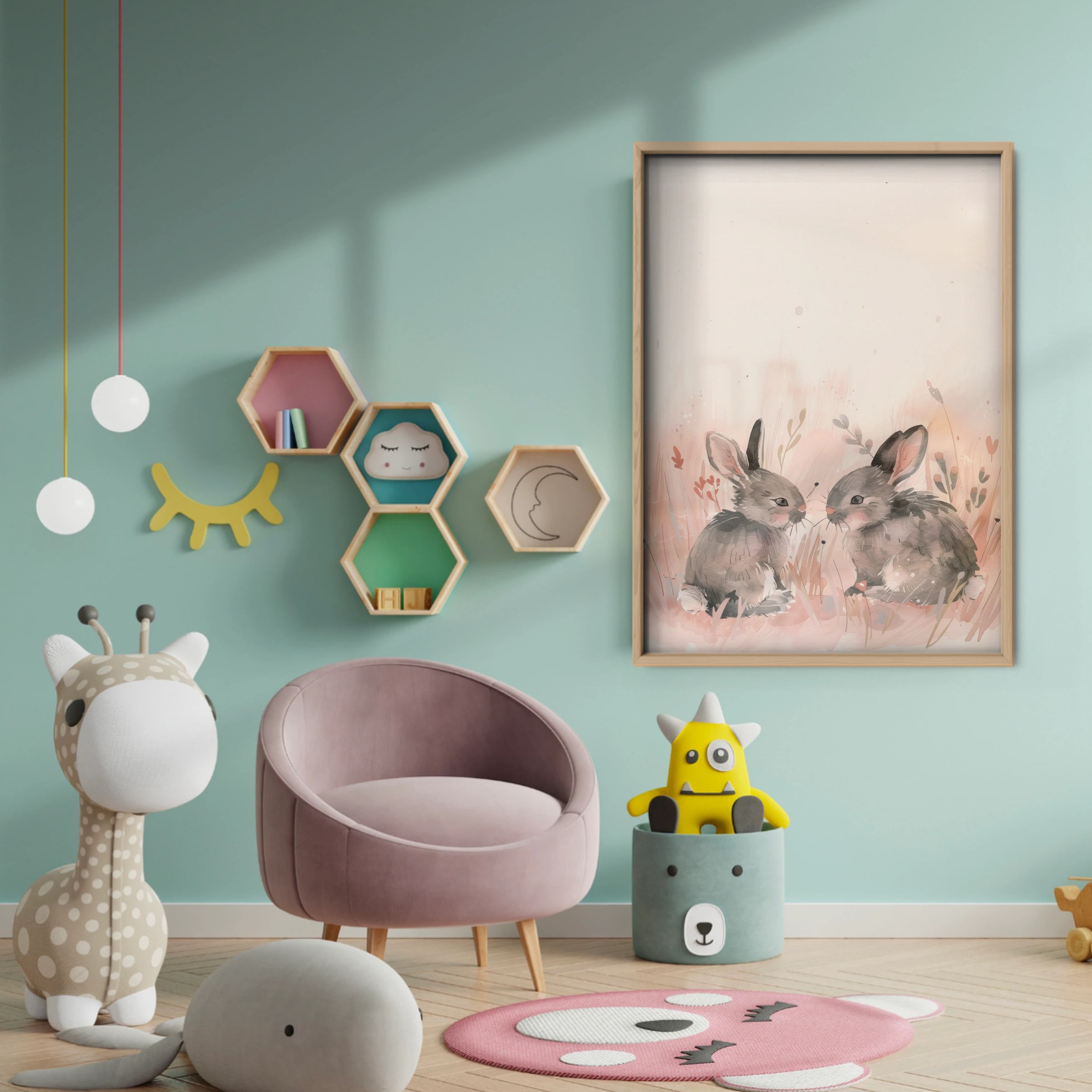 Two Bunnies Nursery Print - baby room wall decor print
