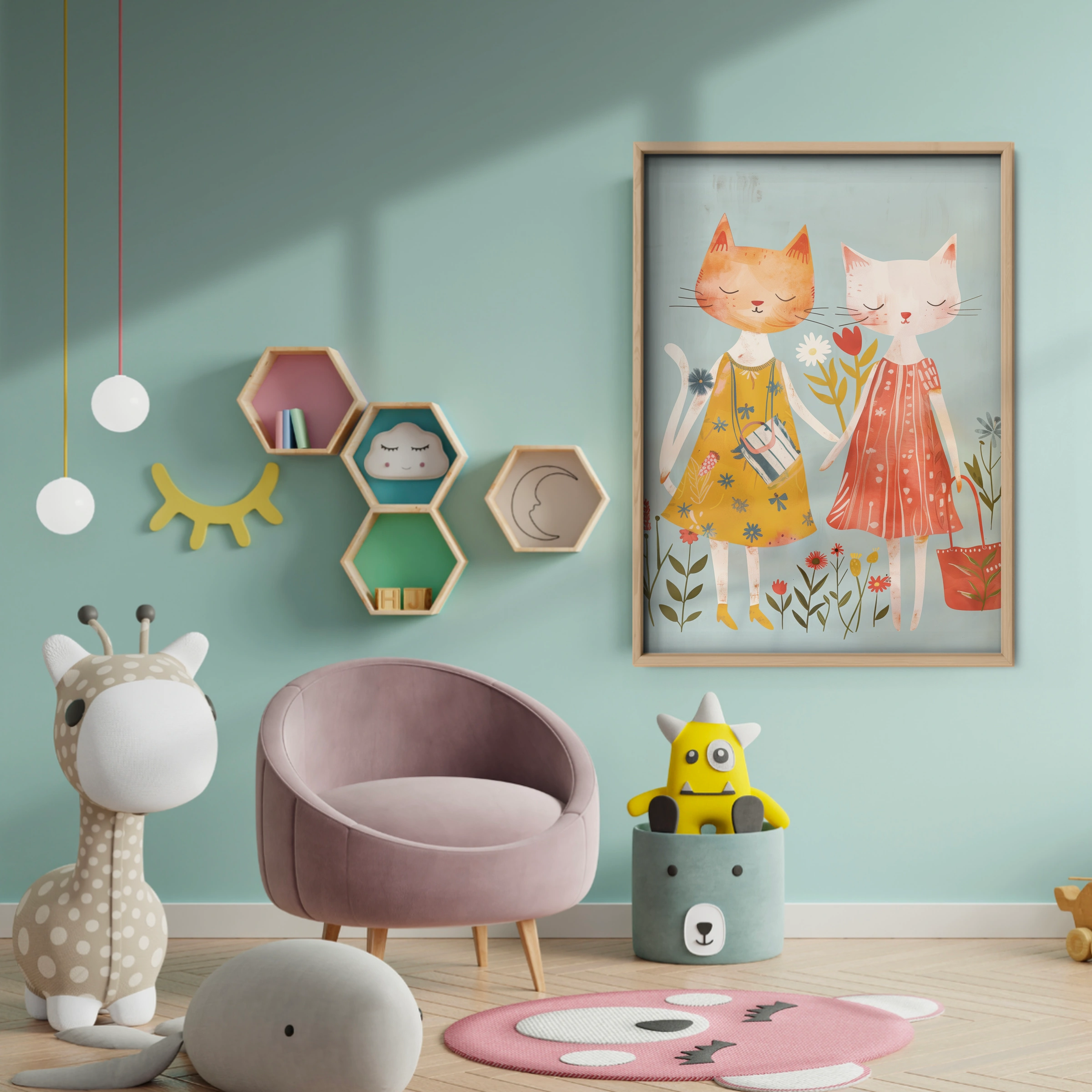 Two Cats in Dresses Nursery Print - baby room wall decor print