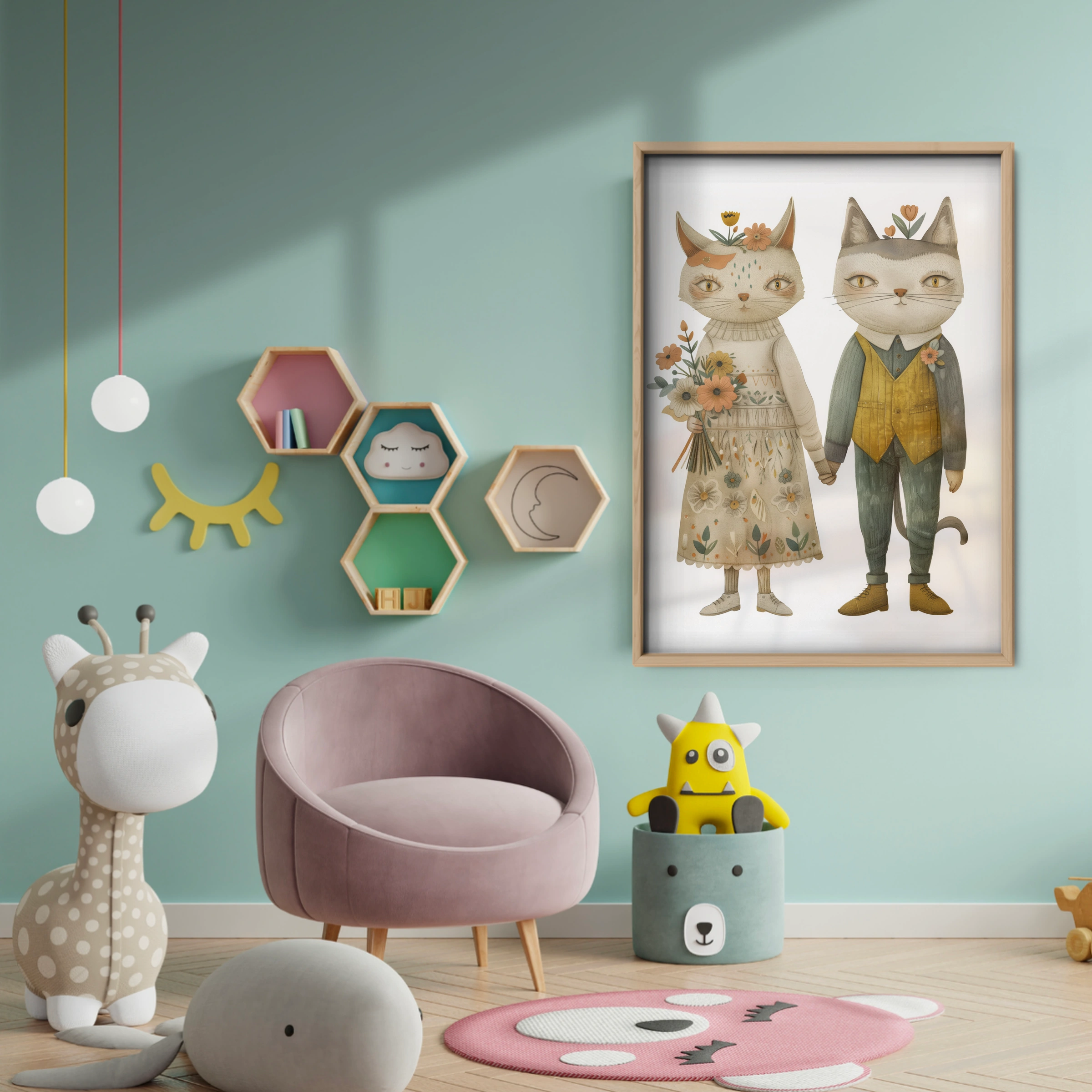 Two Dressed Cats Nursery Print - baby room wall decor print