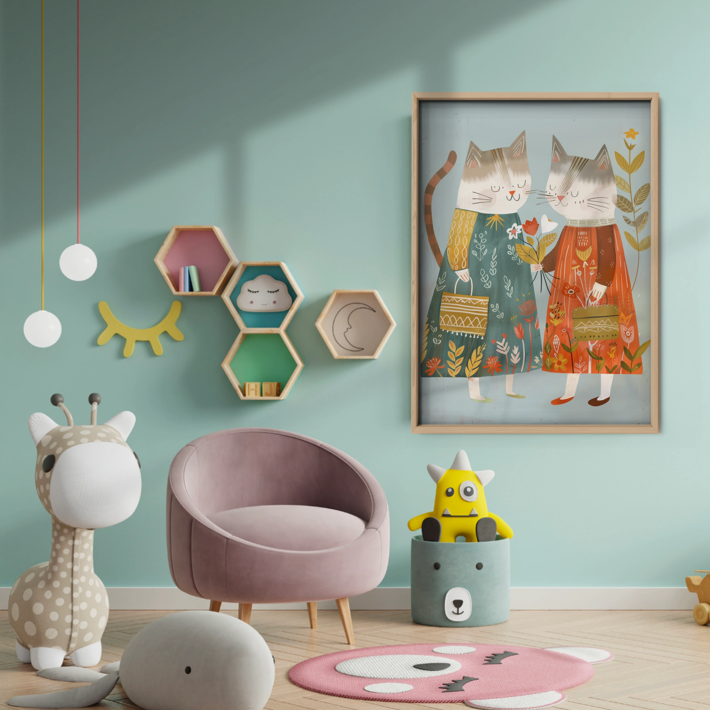 Two Folk Cats Nursery Print - baby room wall decor print