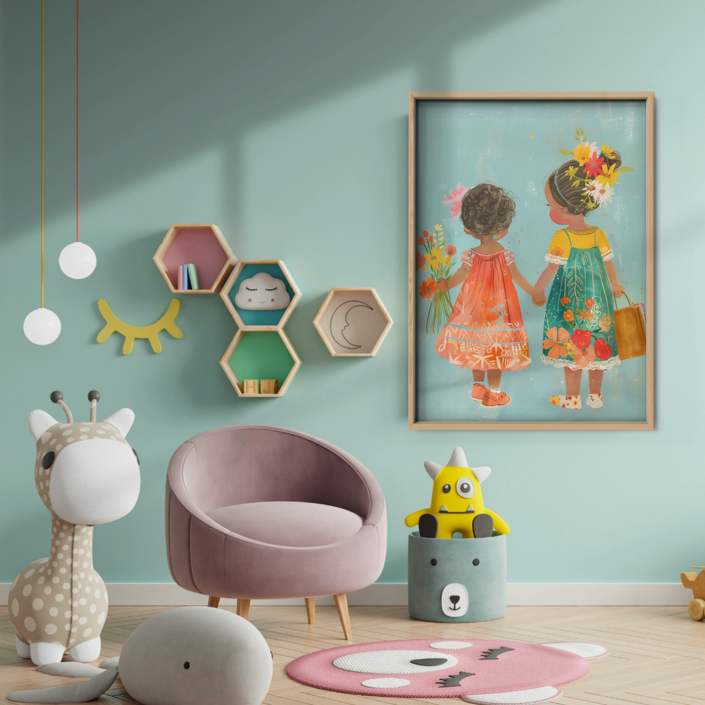Two Girls with Flowers Nursery Print - baby room wall decor print