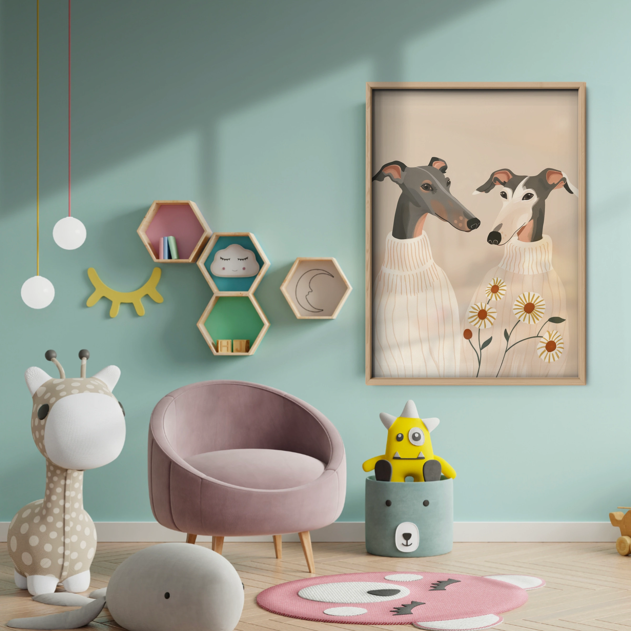 Two Greyhounds Nursery Print - baby room wall decor print