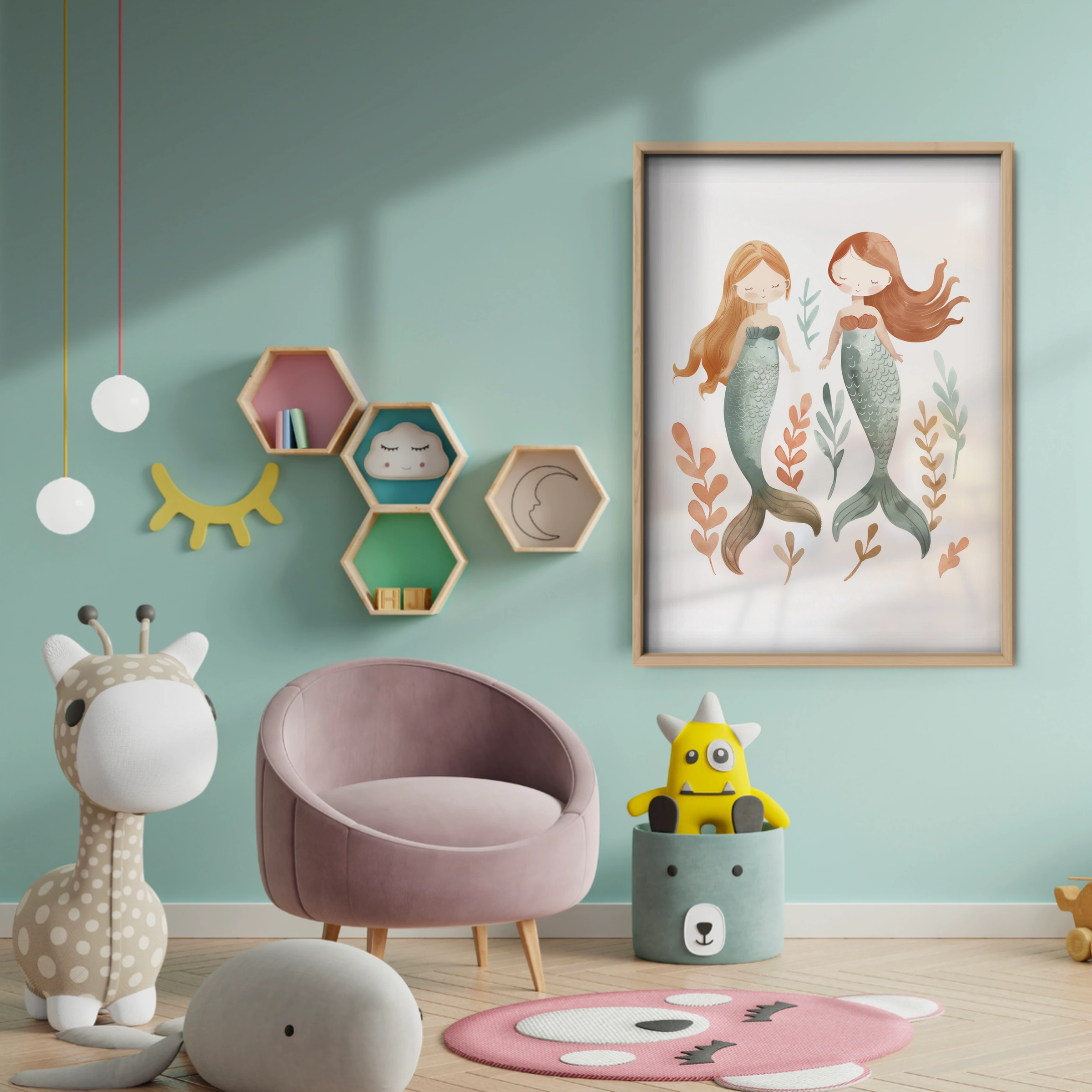 Two Mermaids Nursery Print - baby room wall decor print