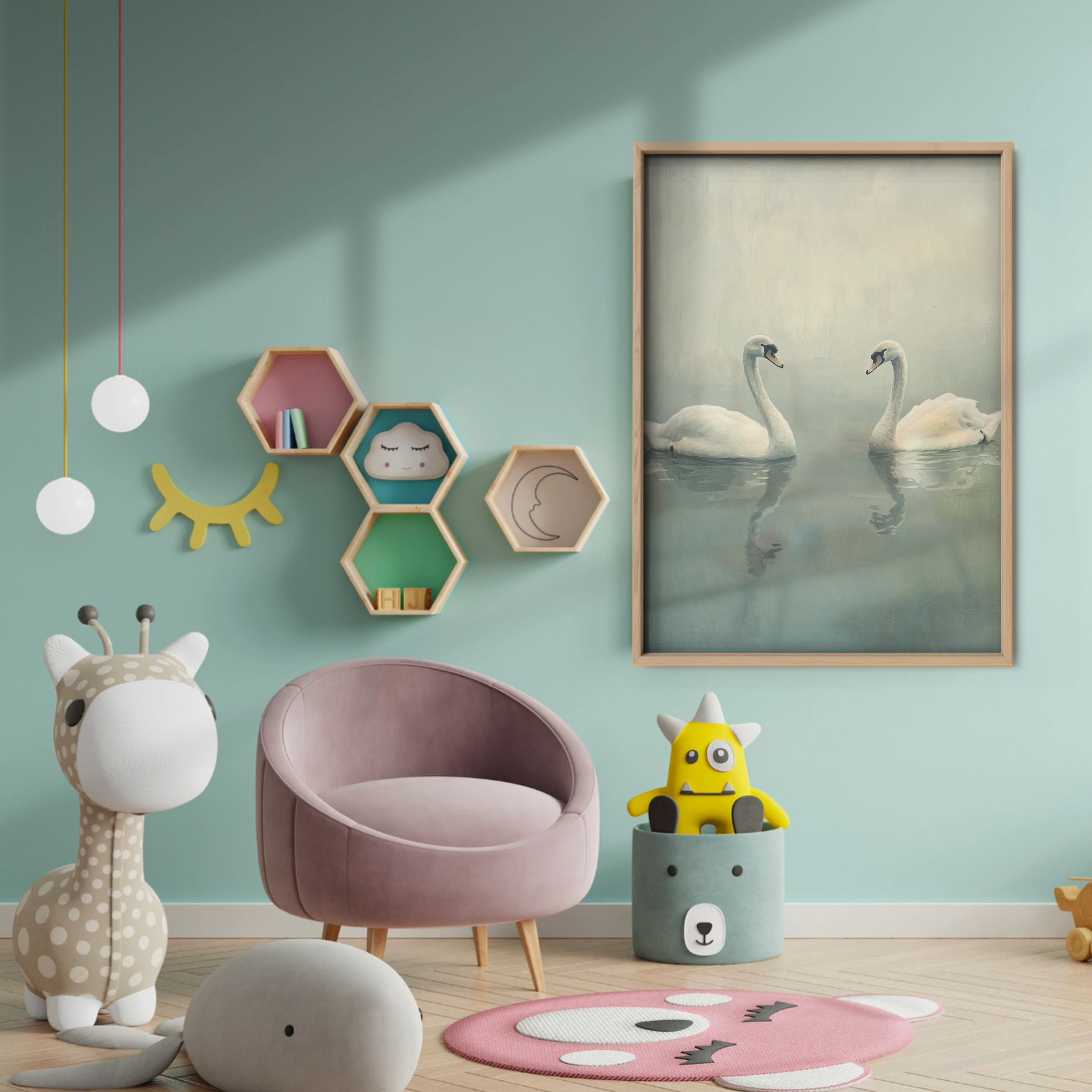 Two Swans on the Lake Nursery Print - baby room wall decor print