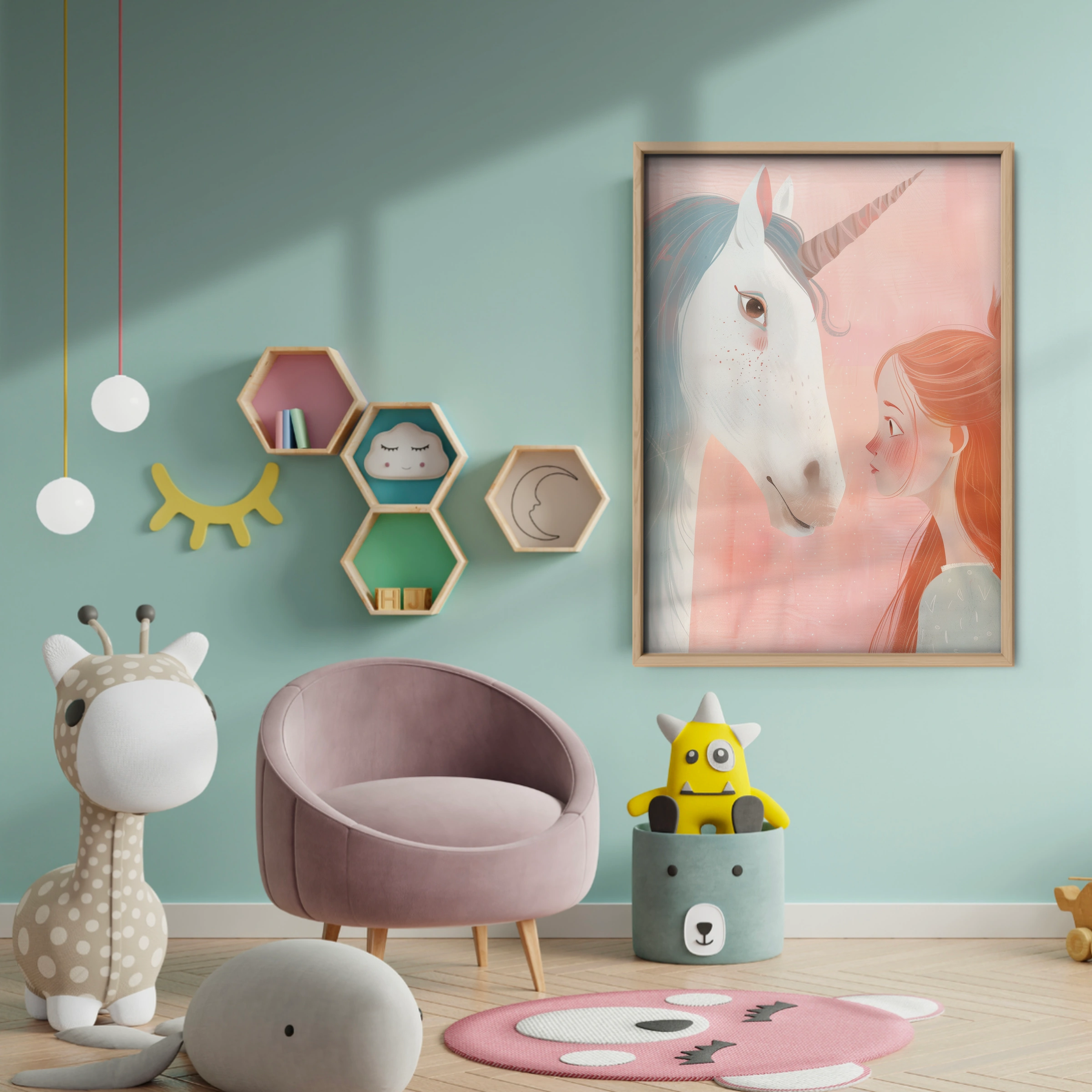 Unicorn and Girl Nursery Print - baby room wall decor print