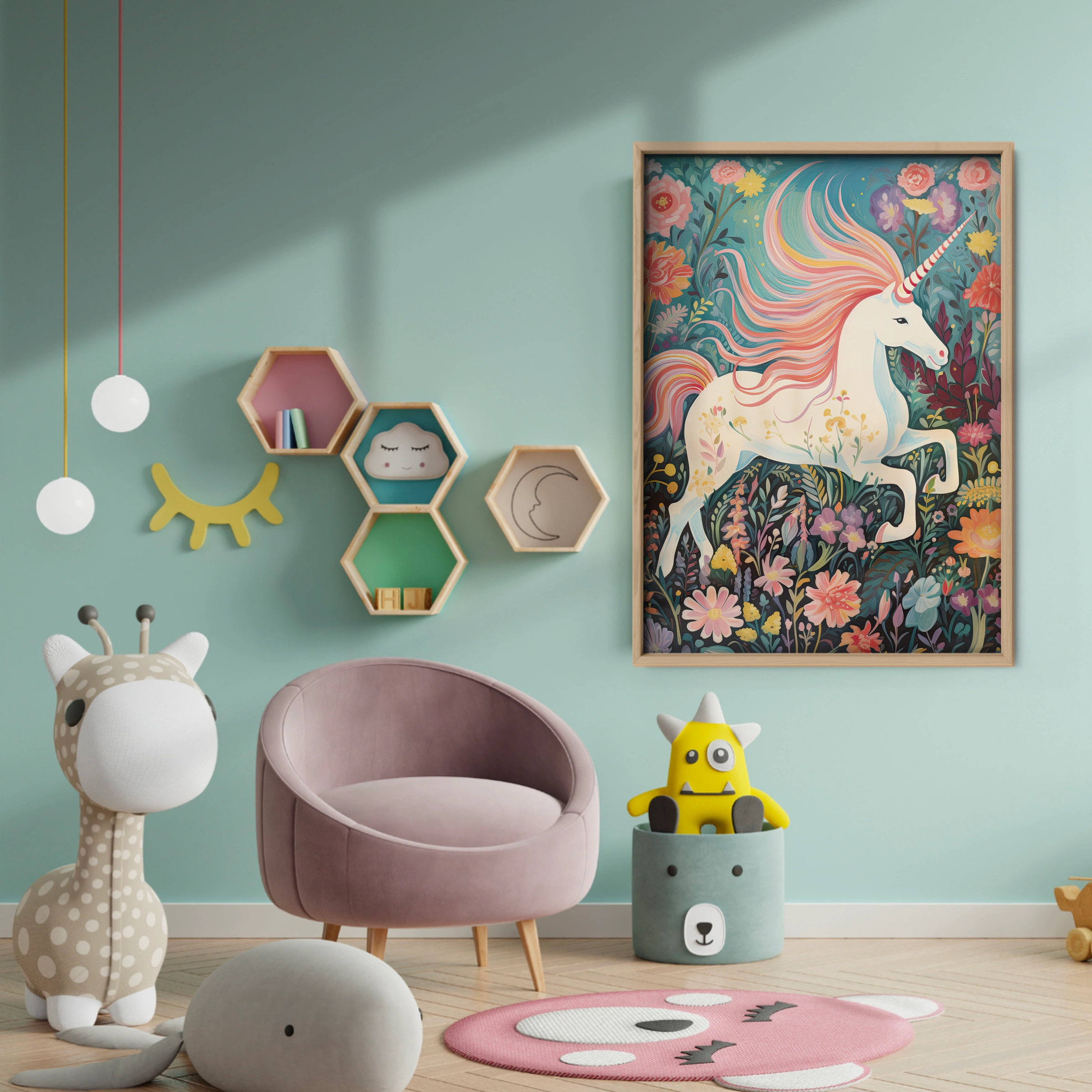 Unicorn in Bloom Nursery Print - baby room wall decor print