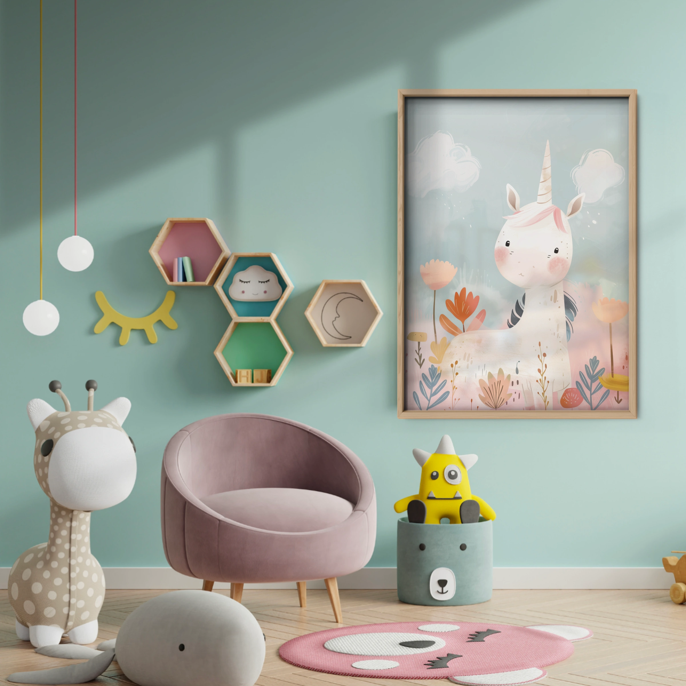 Unicorn in Flowers Nursery Print - baby room wall decor print