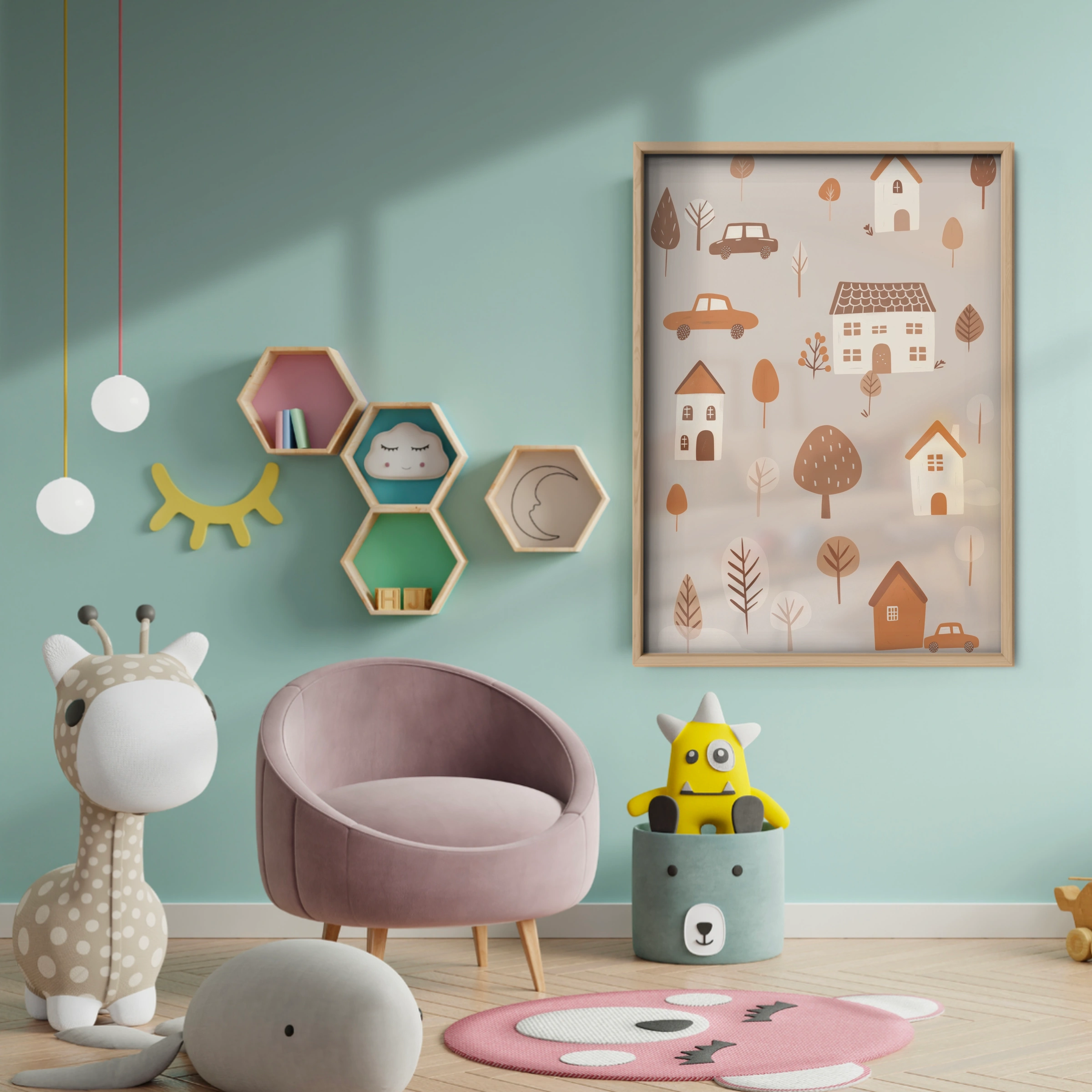 Village and Cars Nursery Print - baby room wall decor print