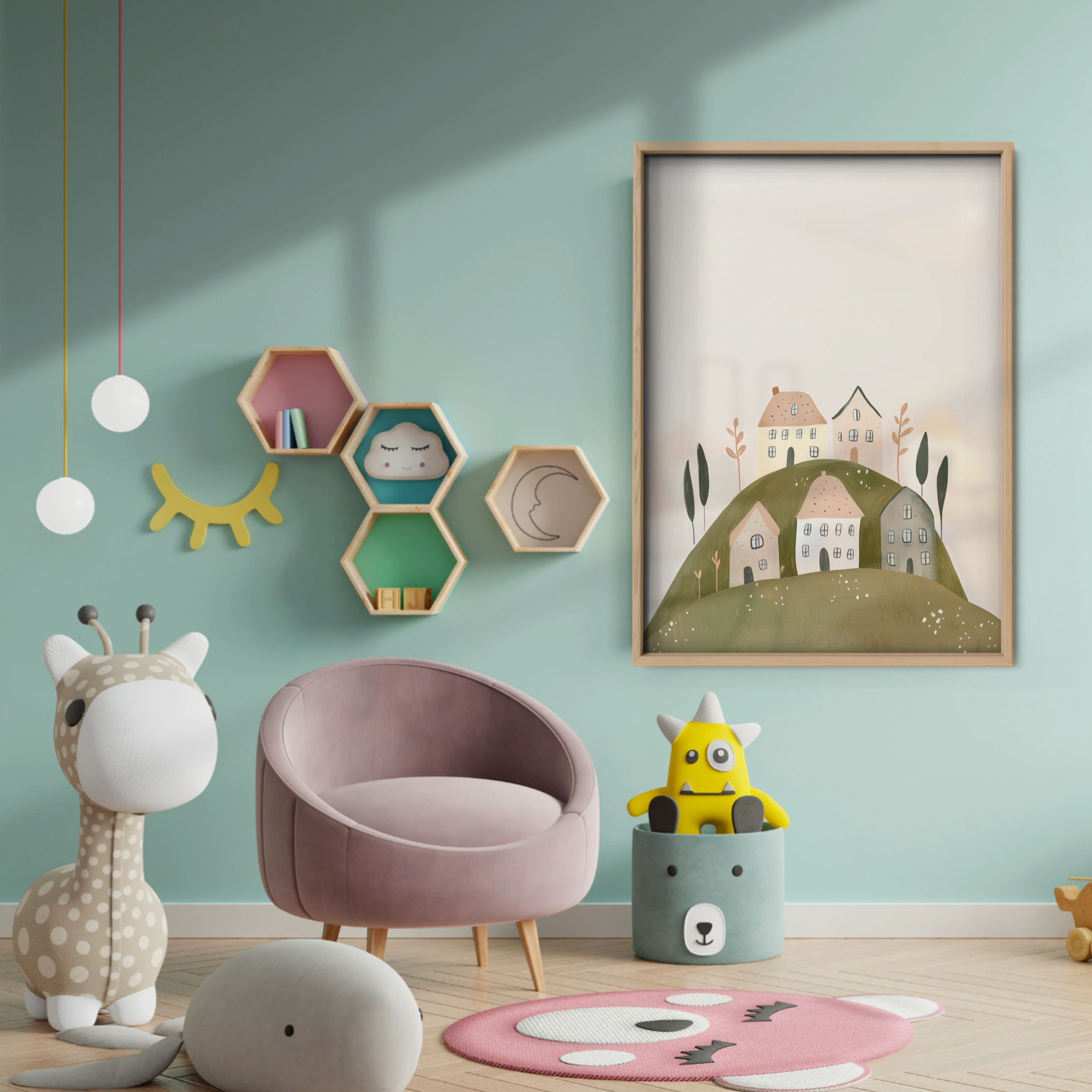 Village on the Hill Nursery Print - baby room wall decor print