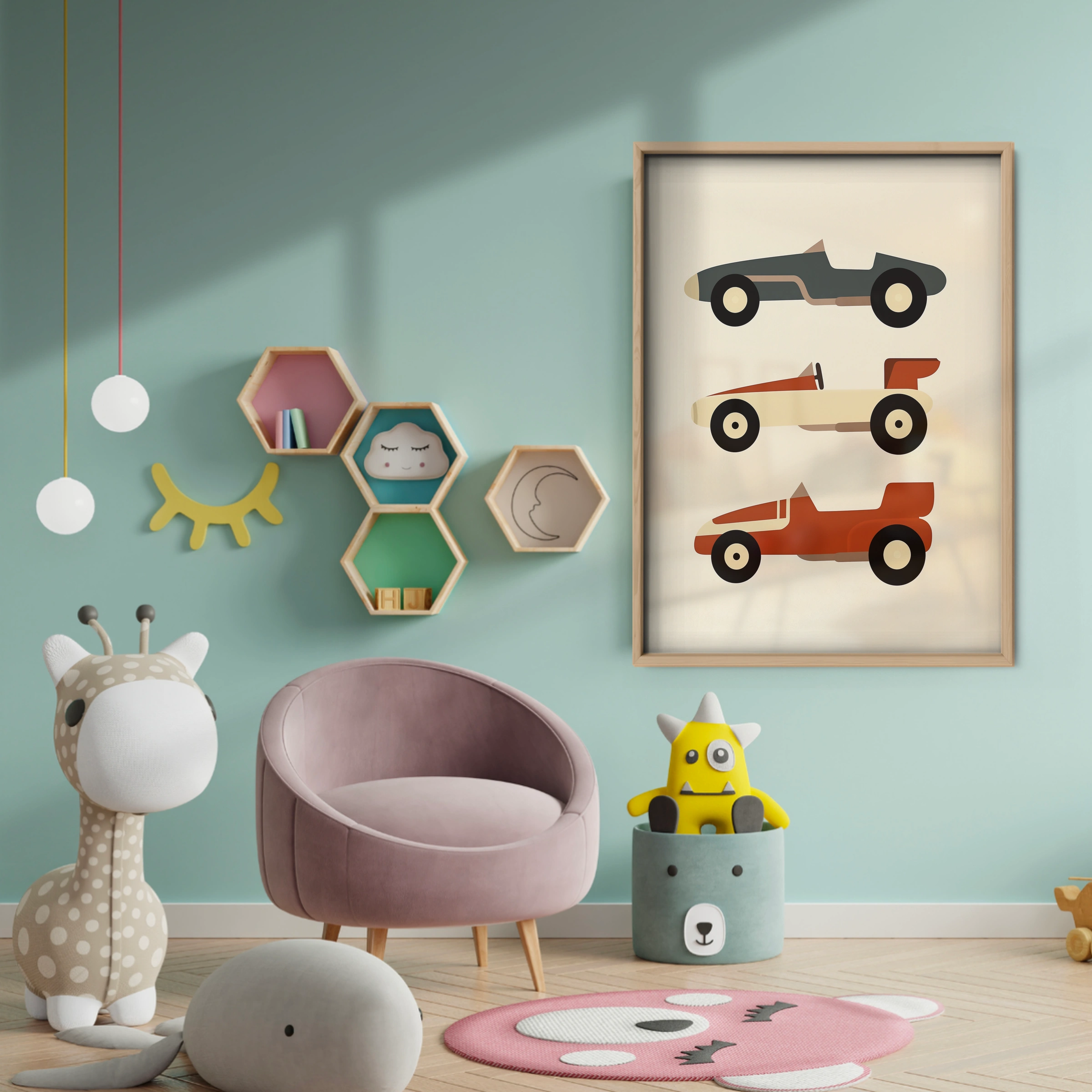Vintage Race Cars Nursery Print - baby room wall decor print