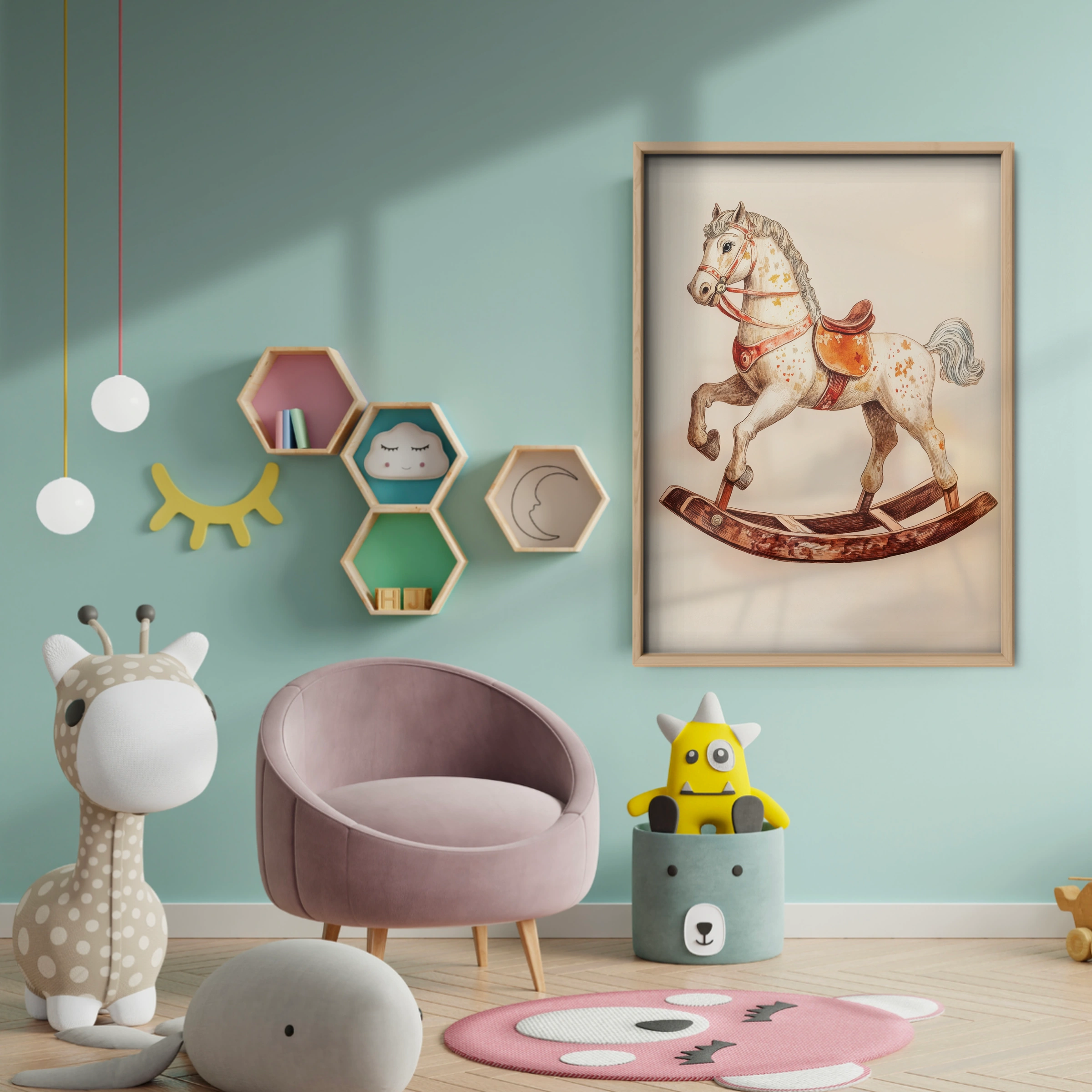 Vintage Rocking Horse Nursery Print - baby room wall decor print