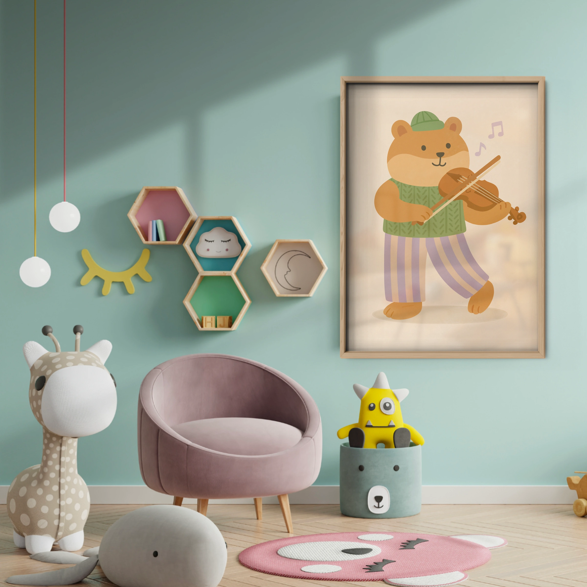 Violin Bear Nursery Print - baby room wall decor print
