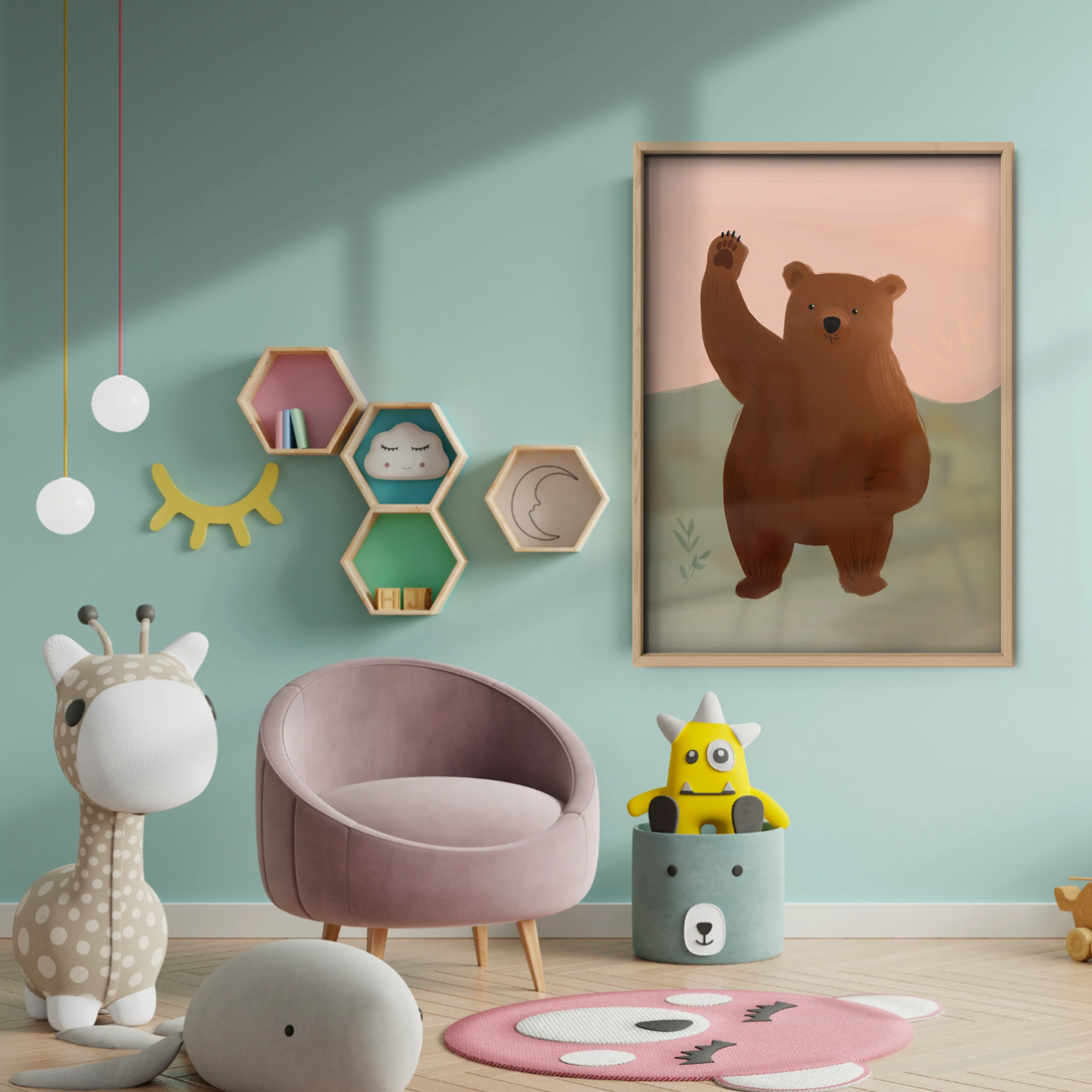 Waving Bear Nursery Print - baby room wall decor print