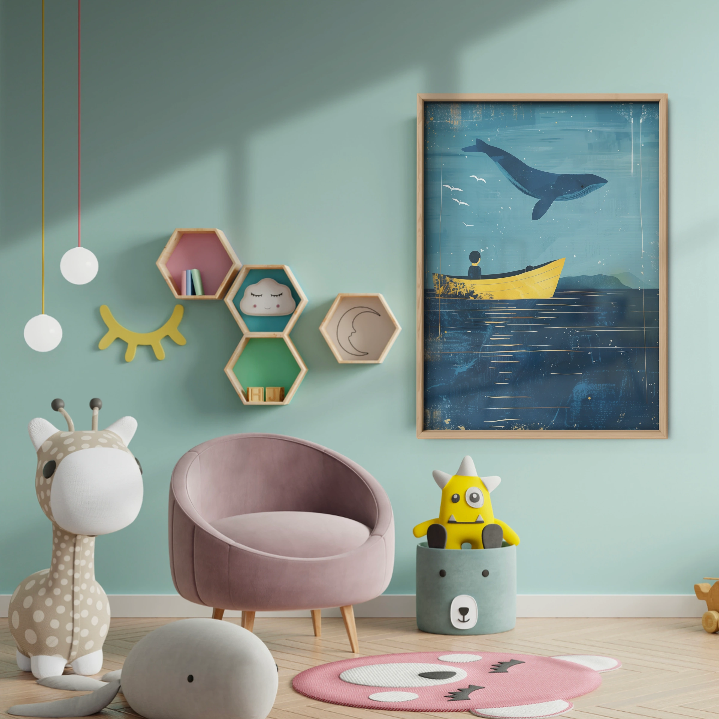 Whale and Boat Nursery Print - baby room wall decor print