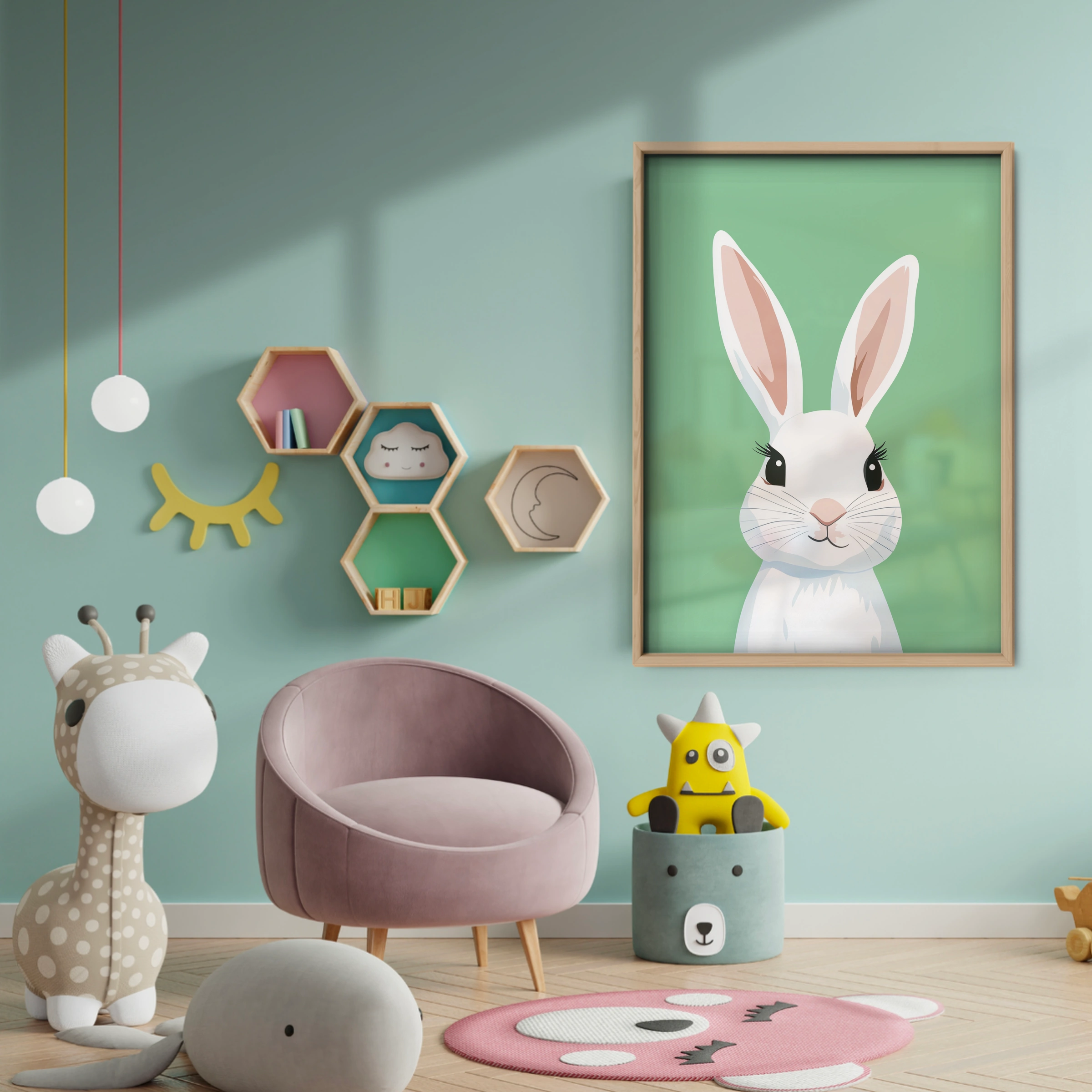 White Bunny Nursery Print - baby room wall decor print