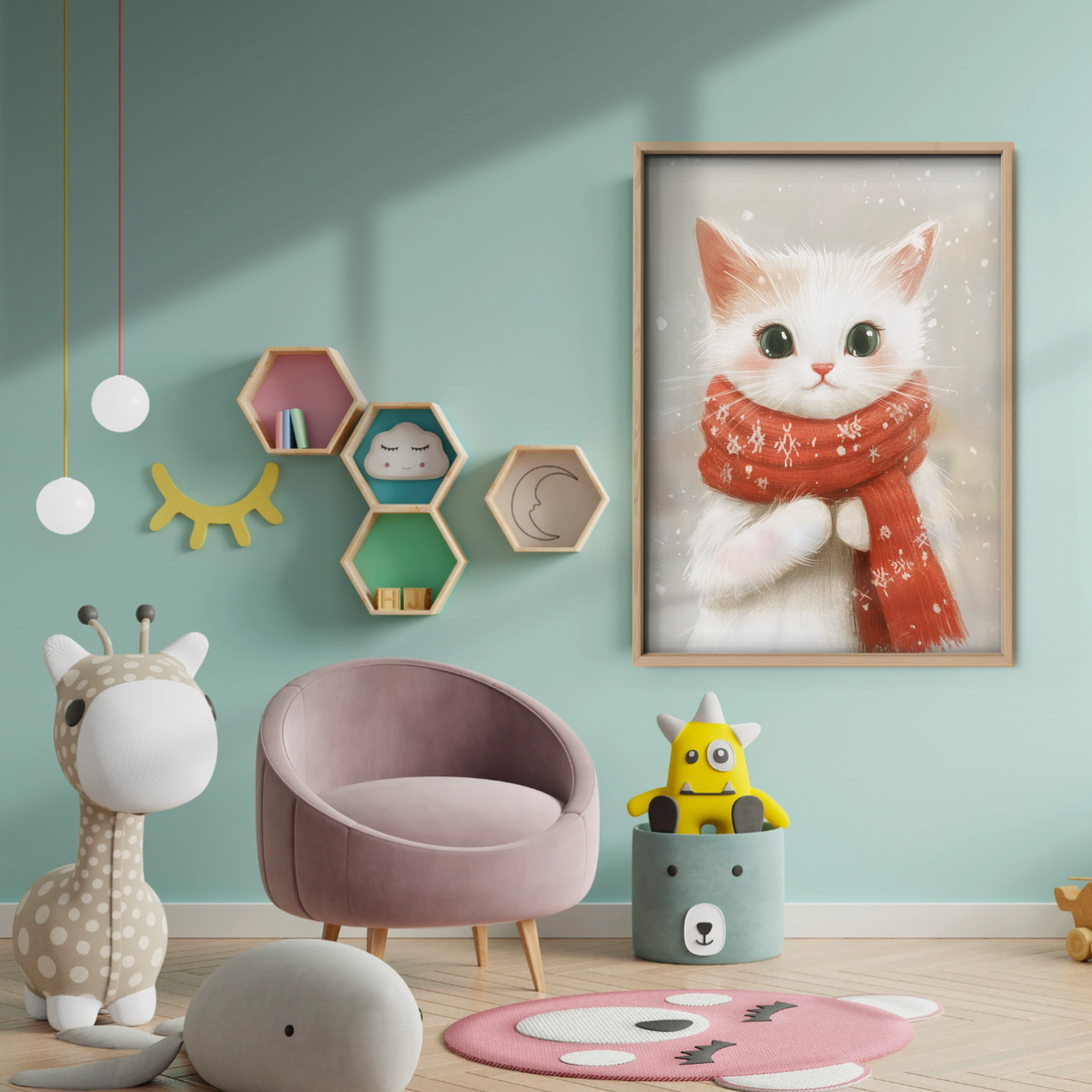 White Cat in a Scarf Christmas Print - baby room wall decor print
