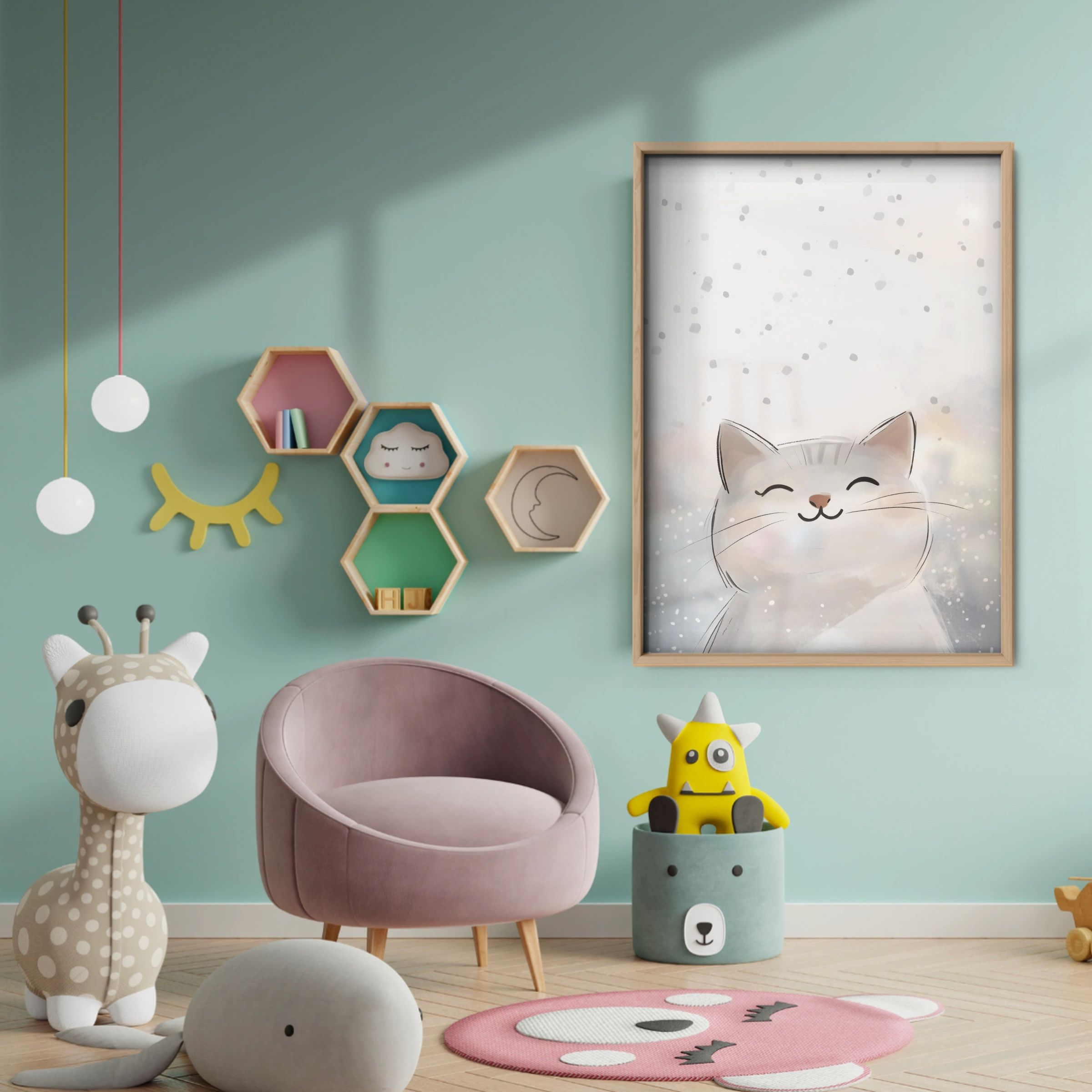 White Cat in the Snow Two Christmas Print - baby room wall decor print