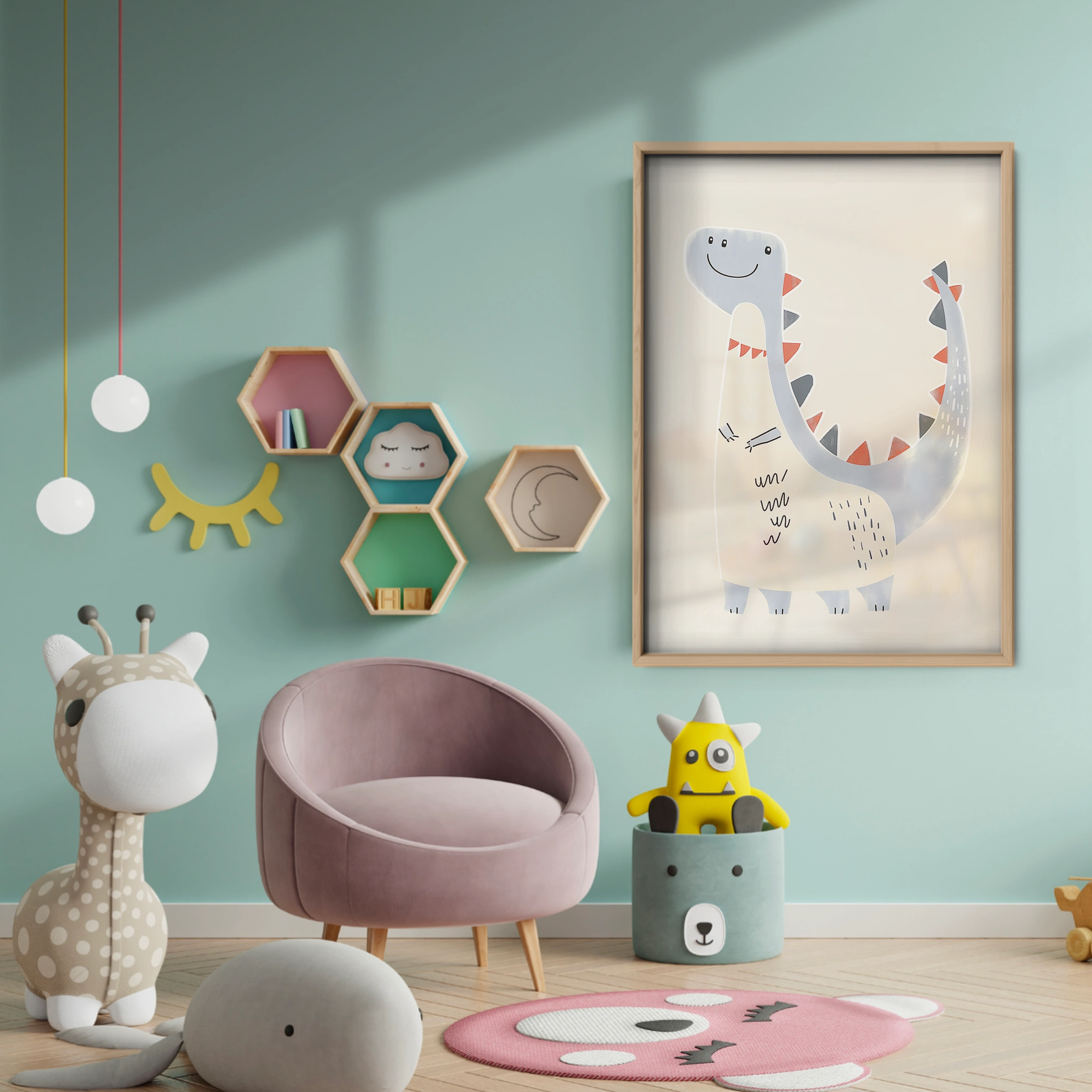 White Dinosaur Nursery Print - baby room wall decor print