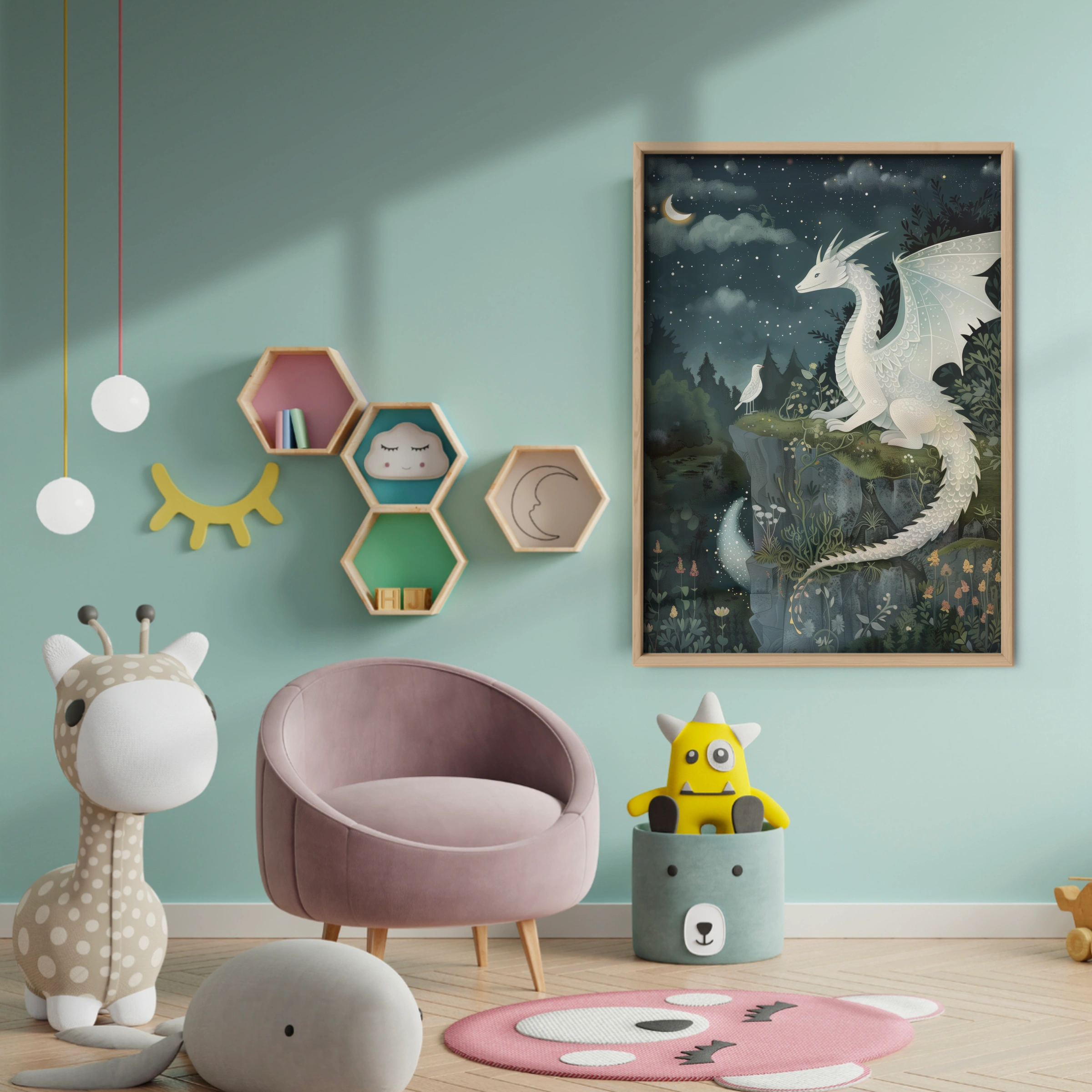 White Dragon Nursery Print - baby room wall decor print