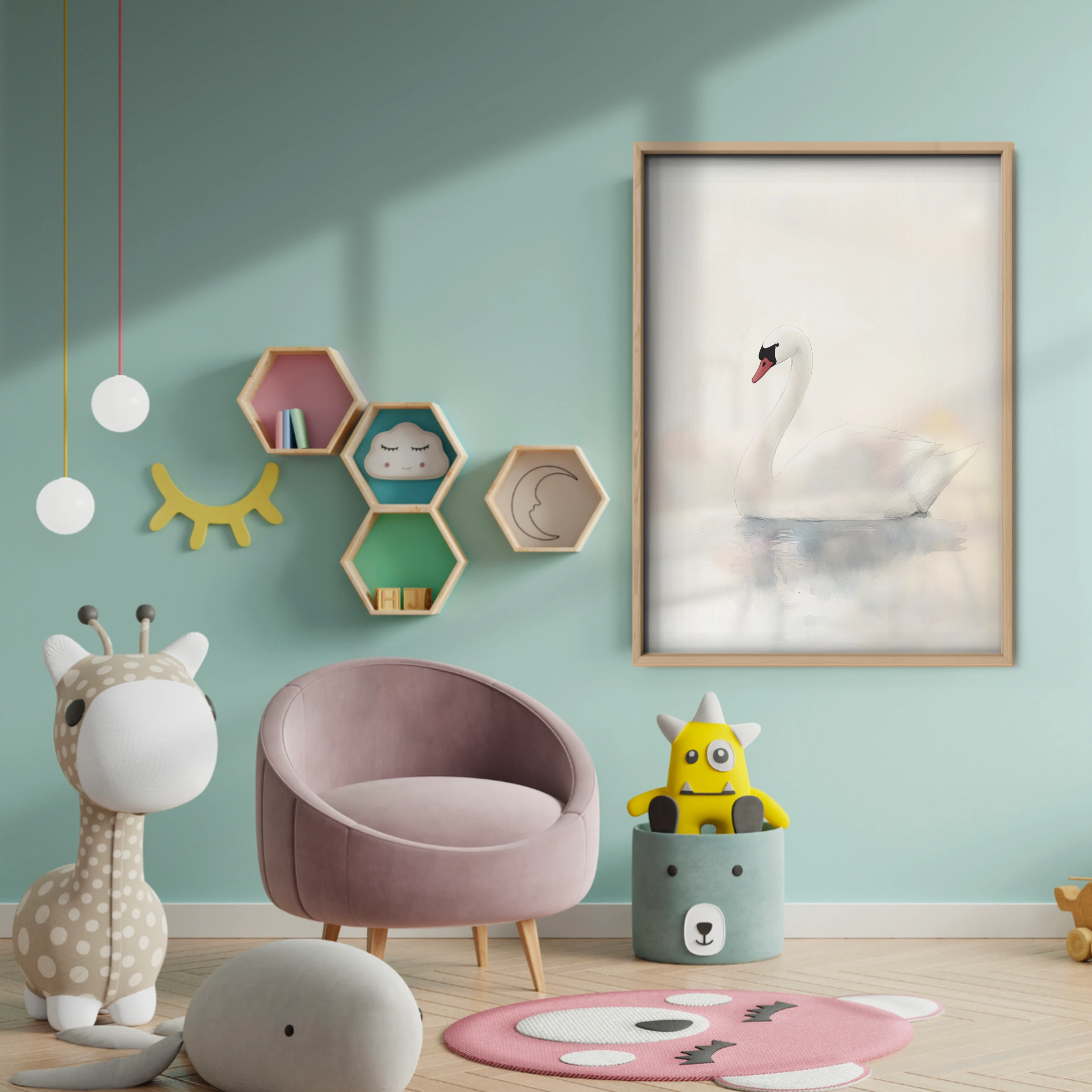 White Swan Nursery Print - baby room wall decor print