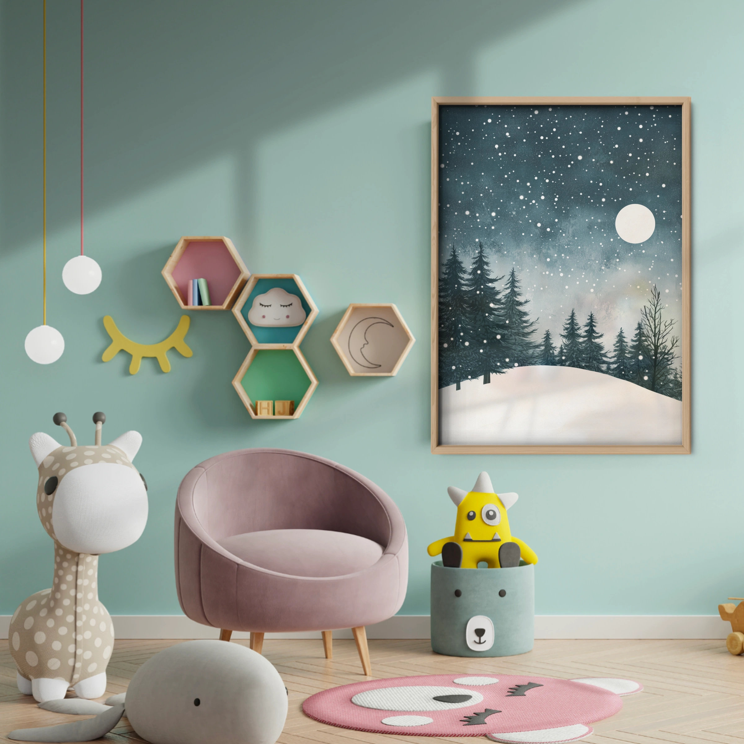 Winter Forest Moon Christmas Print - baby room wall decor print